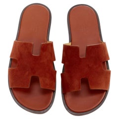 HERMES Izmir brown suede goatskin leather H cut out flat sandals EU41