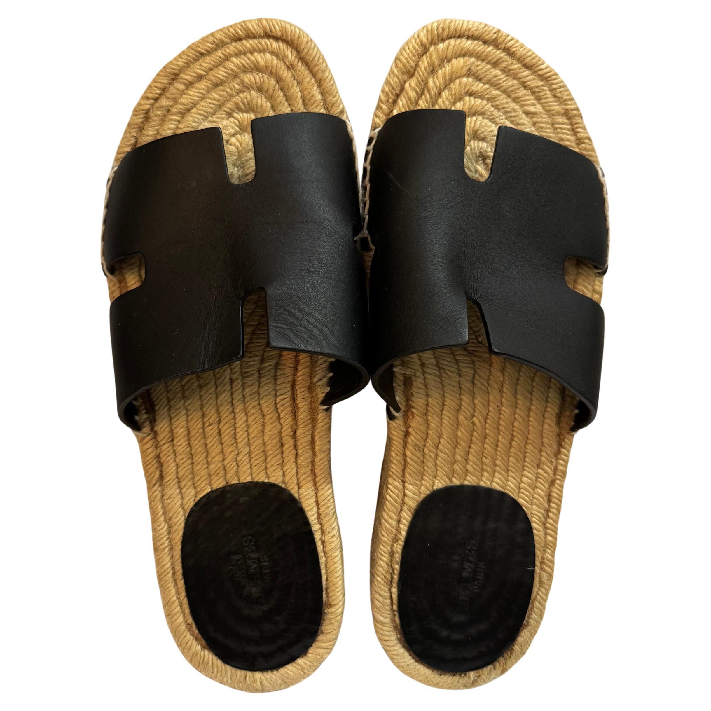 HERMES Izmir Leather Sandles Black Mens 41 For Sale