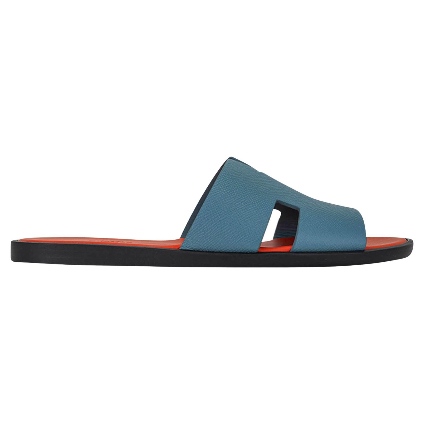 Hermes Izmir Sandal Bleu Bleuet and Orange Epsom Leather Men's Shoes 42 / 9 en vente