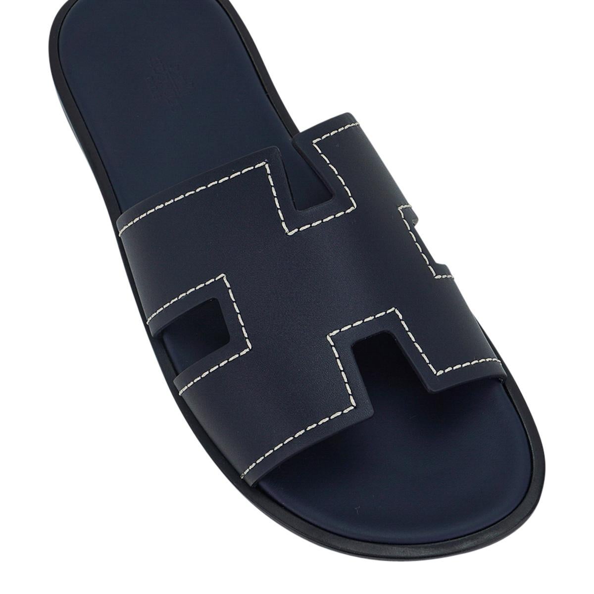Black Hermes Izmir Sandal Men's Shoes Blue Marine/White Topstitch 43.5 / 10.5 For Sale