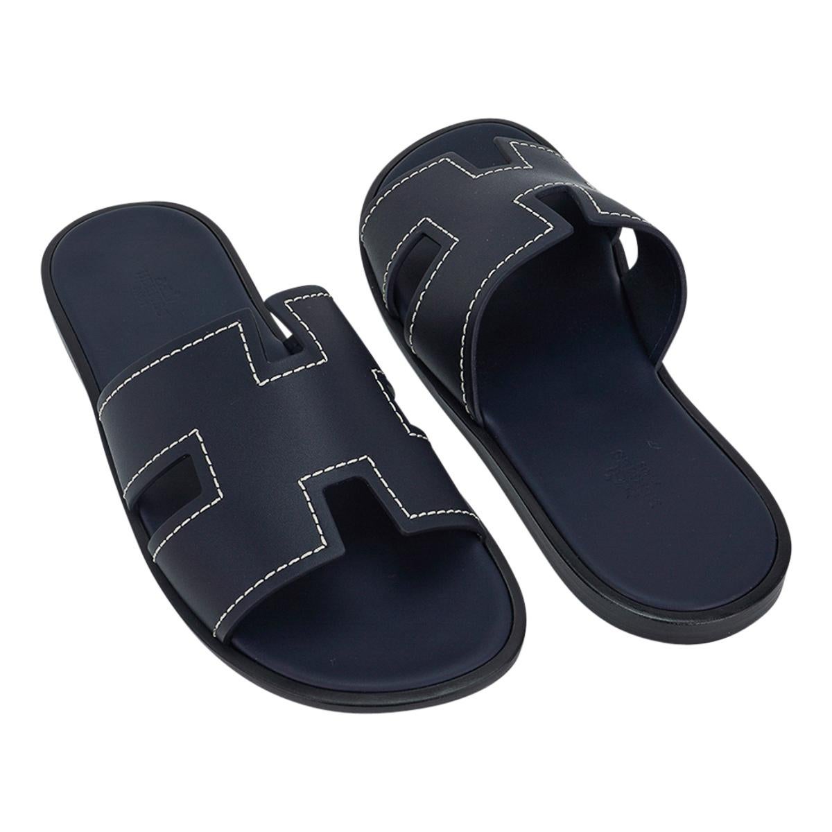 Hermes Izmir Sandal Men's Shoes Blue Marine/White Topstitch 43.5 / 10.5 For Sale 1