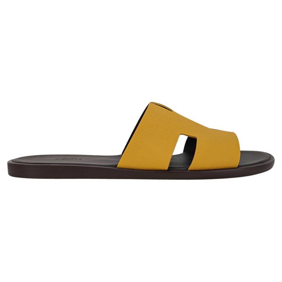 Hermes Izmir Sandal Sunny Yellow and Mahogany Brown Epsom Leather Men's Shoes 45 For Sale