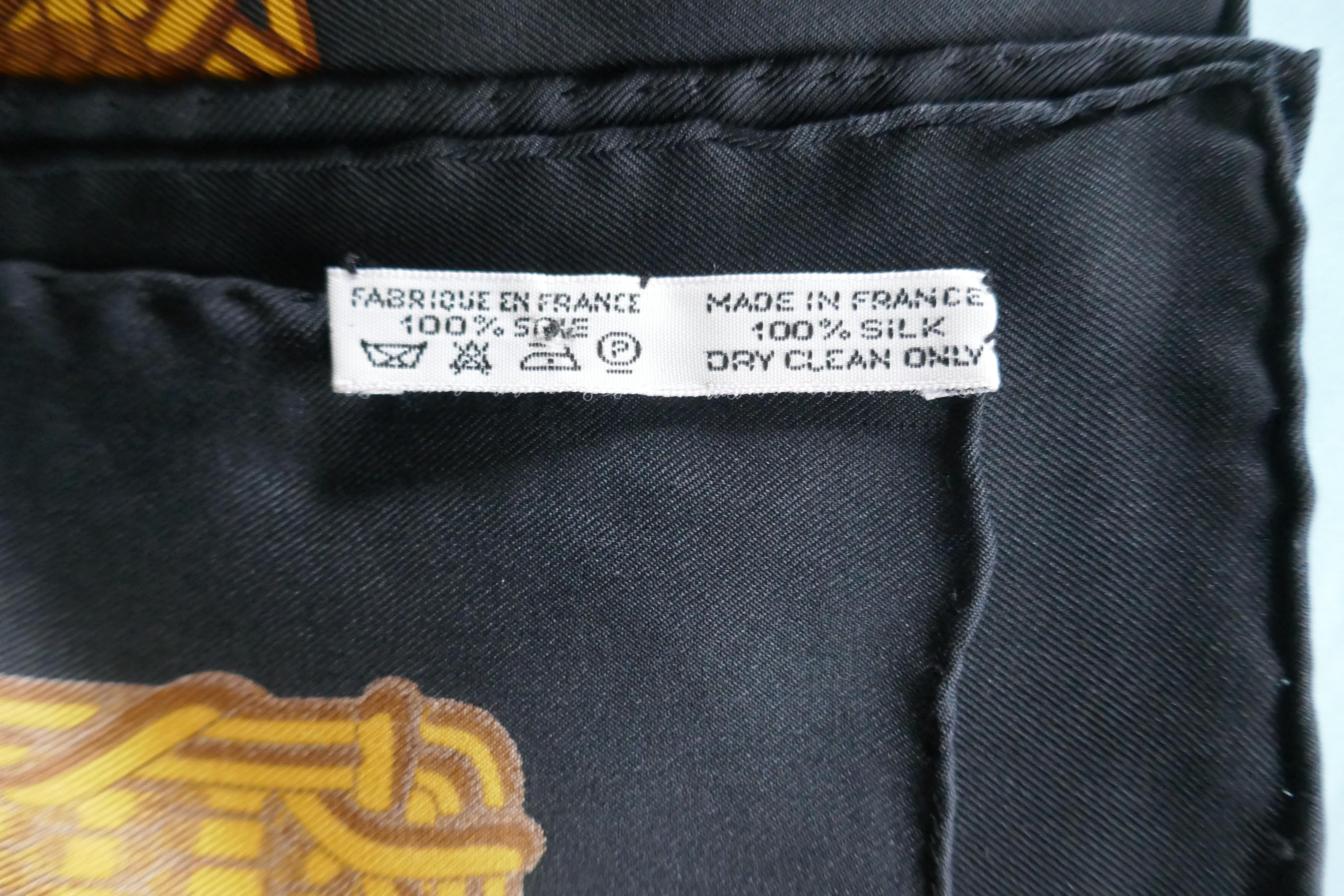 HERMÈS J Abadies design “Voitures Paniers” Equestrian Driving Print Silk Scarf

In unworn condition, this scarf is in excellent condition
Signature and the Hermes Logo hidden into the design by Julie Abadies
The scarf is in Black and Gold, unworn