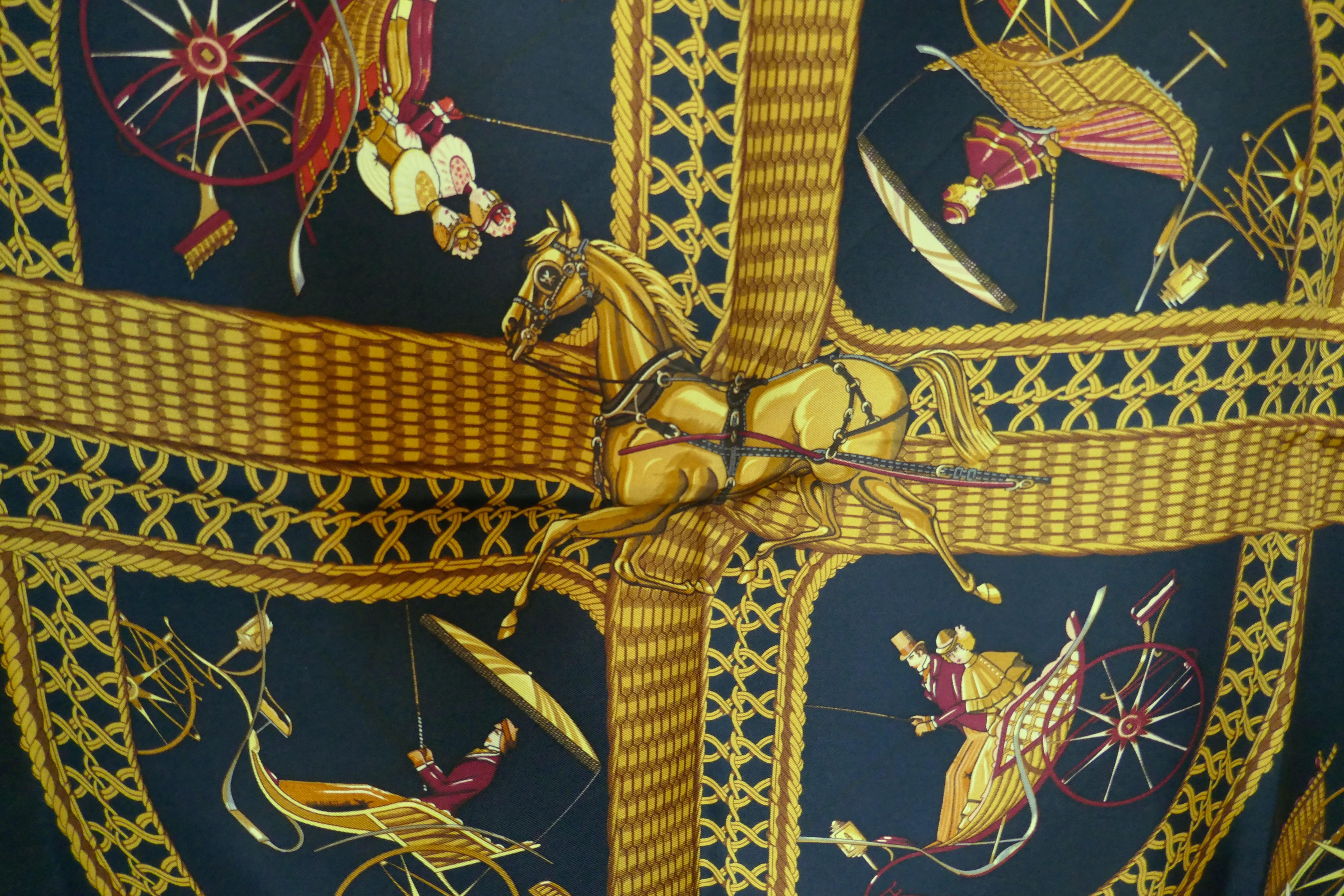Brown HERMÈS J Abadies design “Voitures Paniers” Equestrian Driving Print Silk Scarf