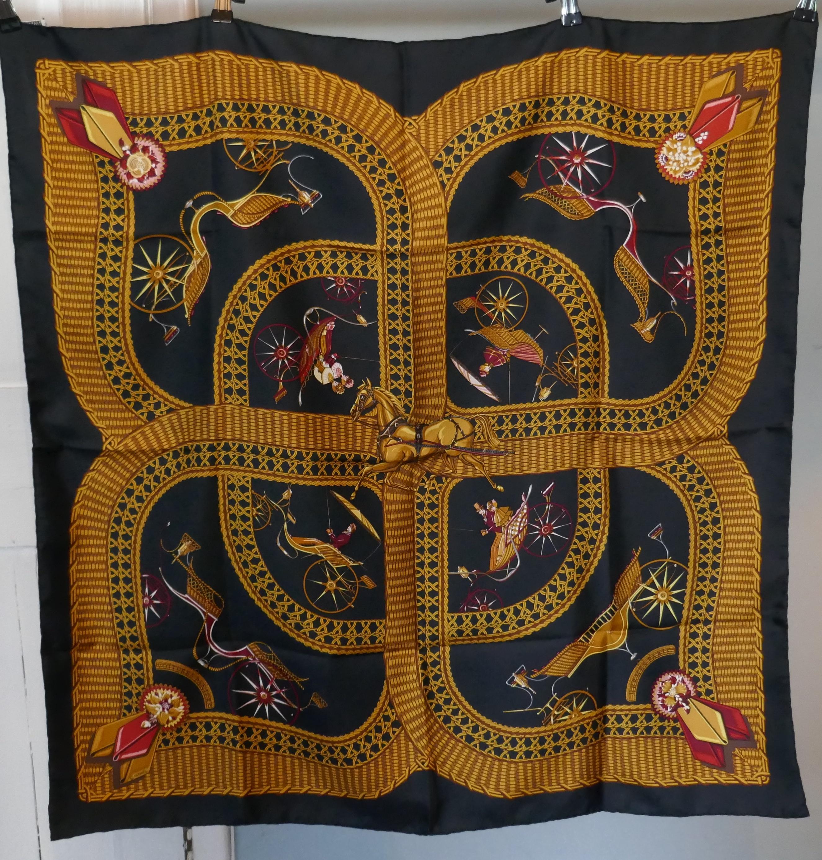 HERMÈS J Abadies design “Voitures Paniers” Equestrian Driving Print Silk Scarf In Good Condition In Chillerton, Isle of Wight
