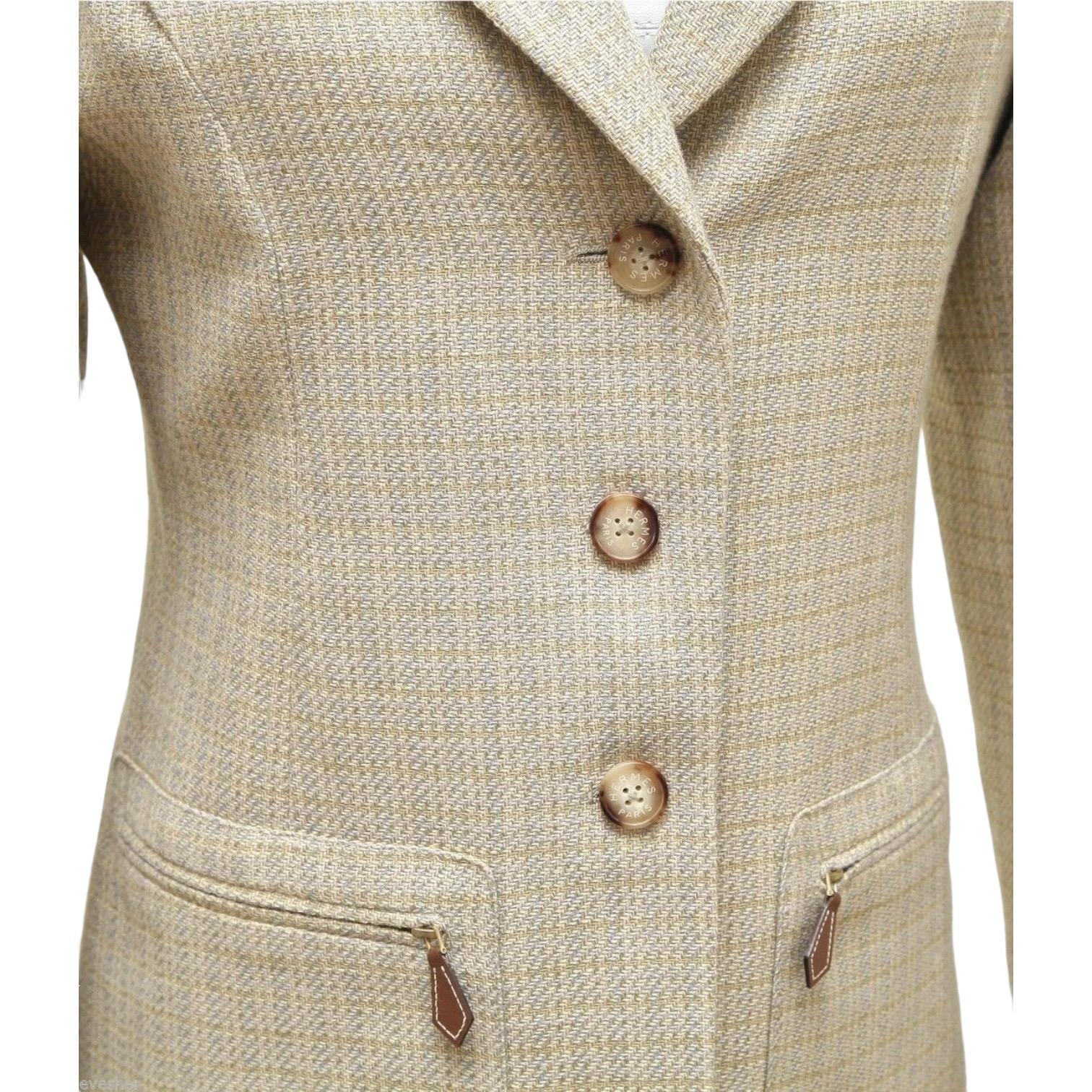 Beige Hermes Jacket Blazer Linen Wool Green Yellow Leather Silk Long Sleeve 38 Vintage