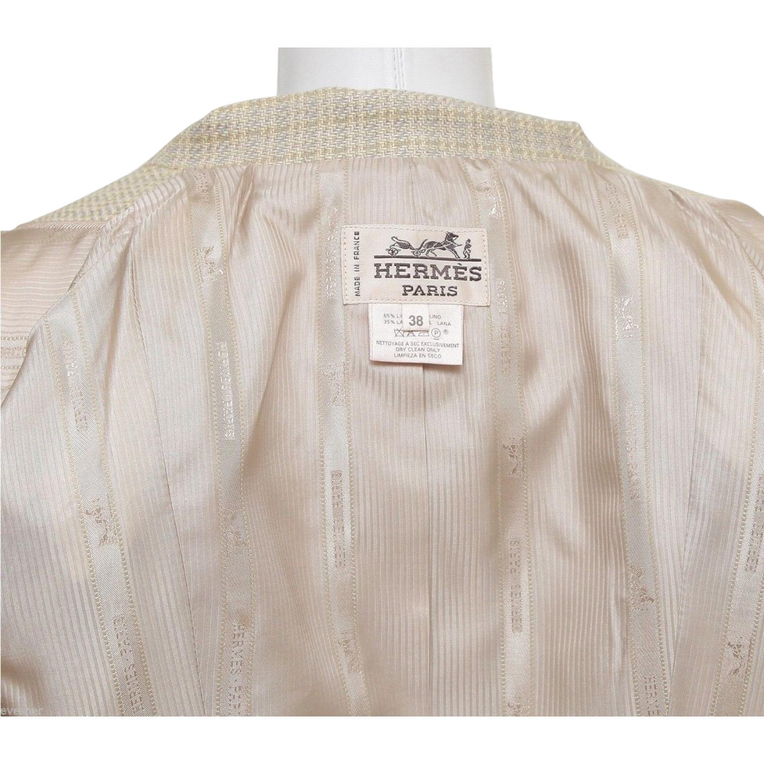 Hermes Jacket Blazer Linen Wool Green Yellow Leather Silk Long Sleeve 38 Vintage 2