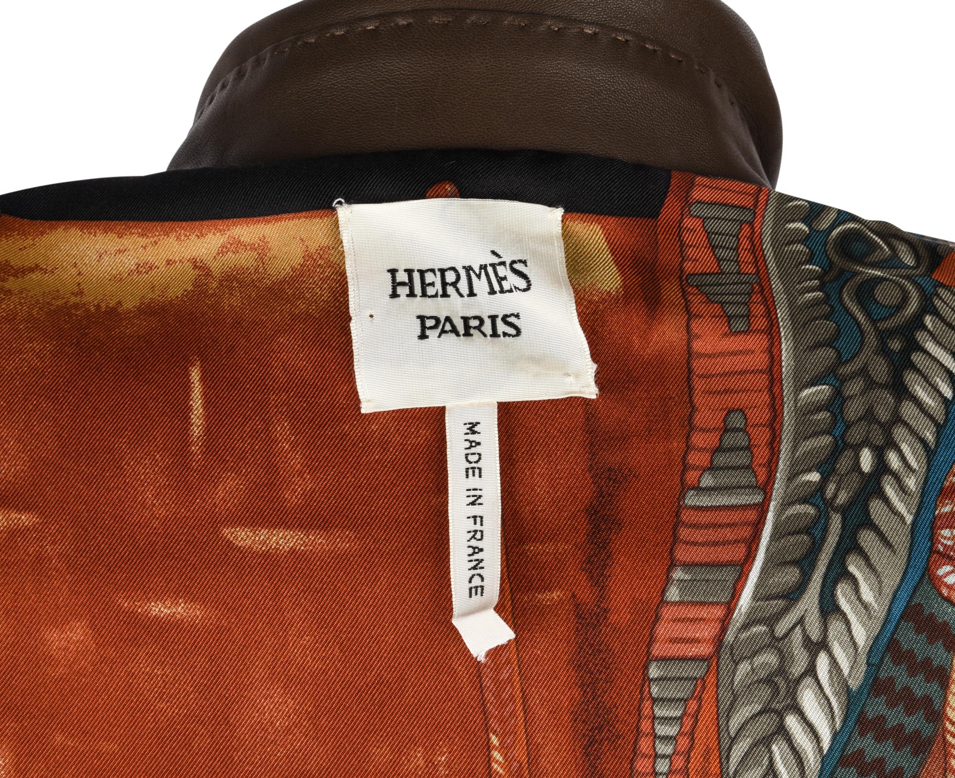Hermes Jacket Brown Lambskin Leather Silk Scarf Print Interior Blazer 38 / 6 New 5