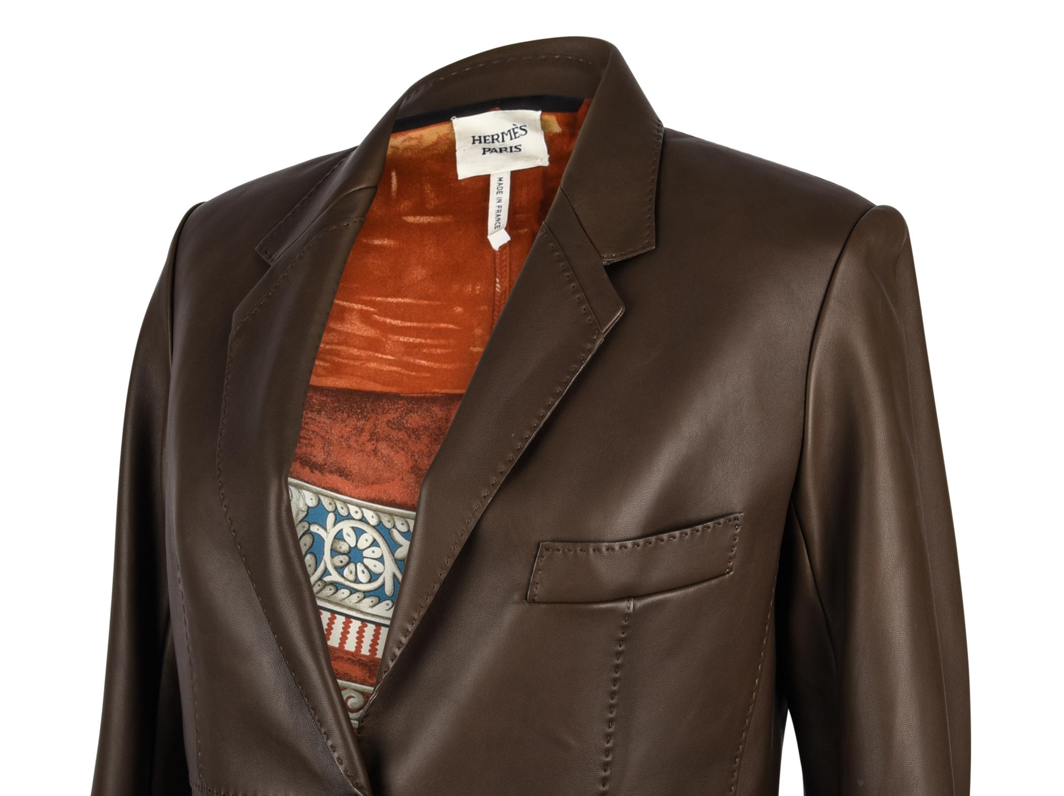 Black Hermes Jacket Brown Lambskin Leather Silk Scarf Print Interior Blazer 38 / 6 New