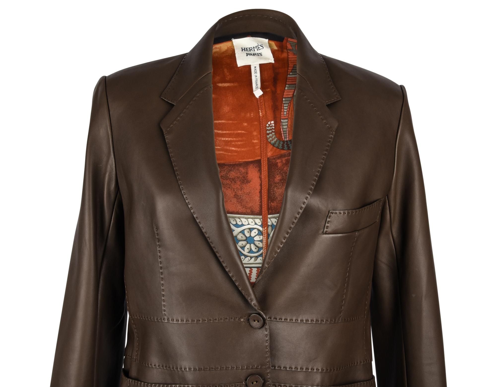 Hermes Jacket Brown Lambskin Leather Silk Scarf Print Interior Blazer 38 / 6 New In New Condition In Miami, FL