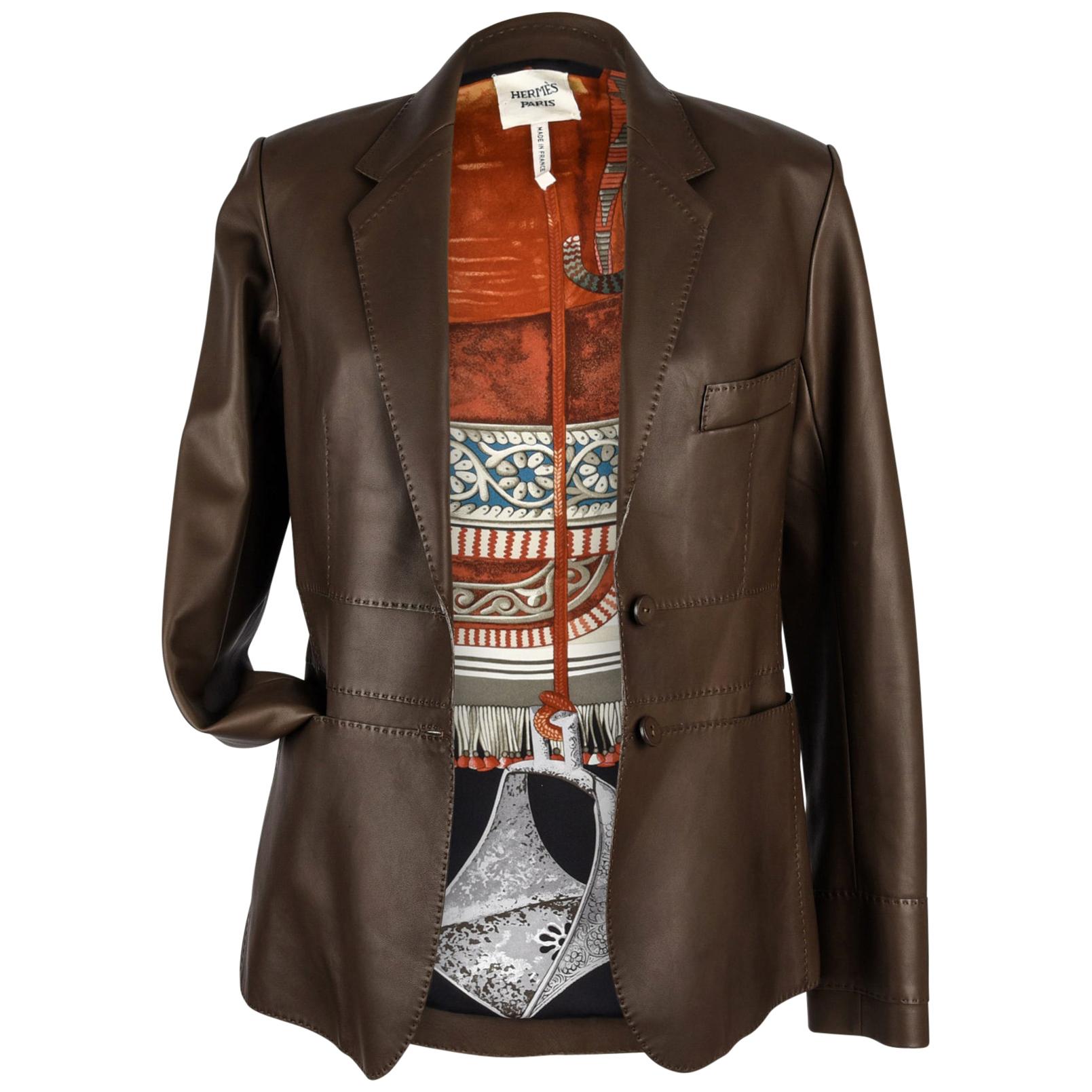 Hermes Jacket Brown Lambskin Leather Silk Scarf Print Interior Blazer 38 / 6 New