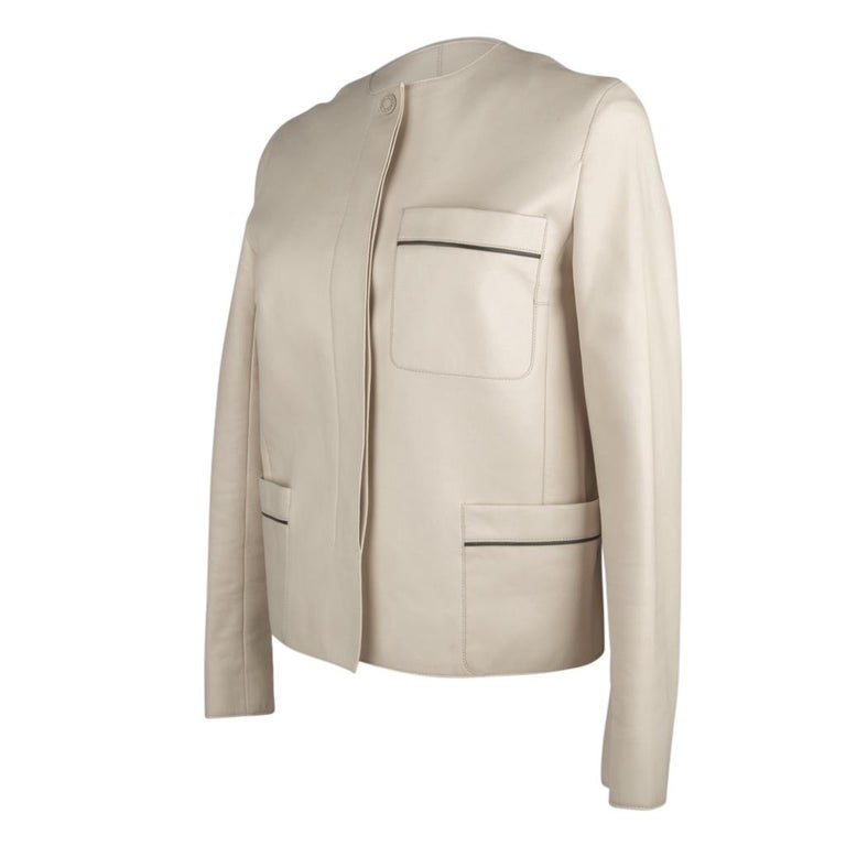 Hermes Jacket Cream Lambskin Leather Black Piping 36 4