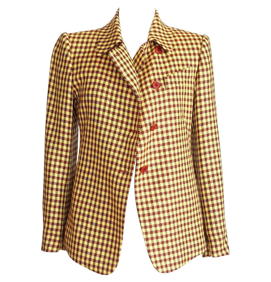 Beige Hermes Jacket Cashmere / Wool Plaid Rouge and Jaune 36 / 4  