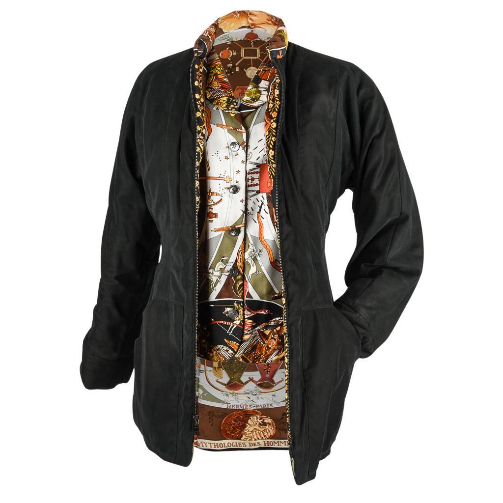 Black Hermes Jacket Les Mythologies des Hommes Rouges Reversible Scarf Print XS For Sale