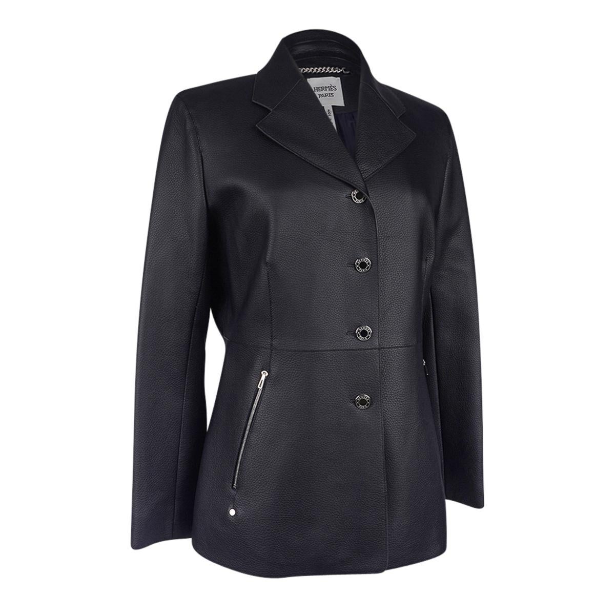 Mightychic offers a beautifully shaped Hermes jacket featured in Marine Deerskin.
Designed by Jean Paul Gaultier.
Four (4) mirror buttons with Hermes name.
Two (2) zip pockets with logo embossed pulls.
Rear has a design detail to accentuate the