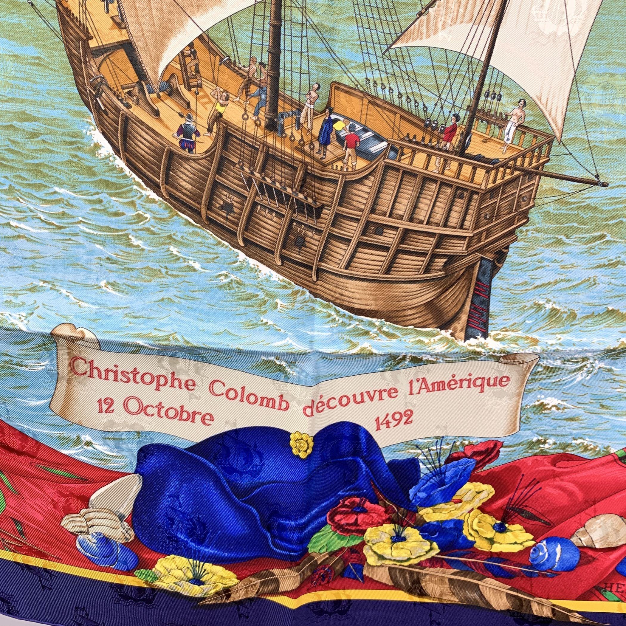 Gray Hermes Jacquard Silk Scarf Christophe Colomb Decouvre l’Amerique