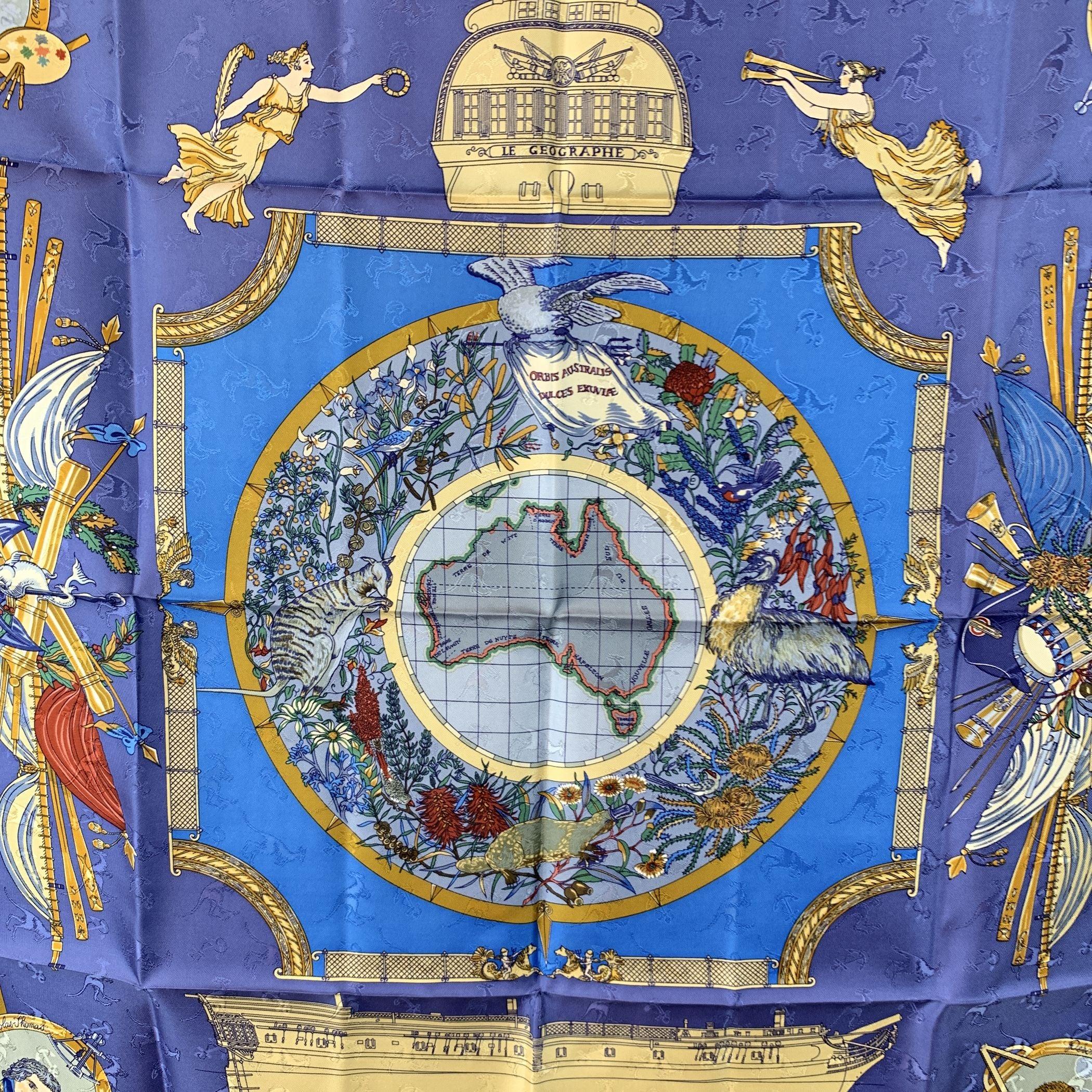Step into a world where history and art beautifully intertwine with this Le Géographe Hermès silk scarf, designed by the talented Sandra Laroche and first issued in 1992. This stunning piece, rich in both detail and storytelling, pays homage to the