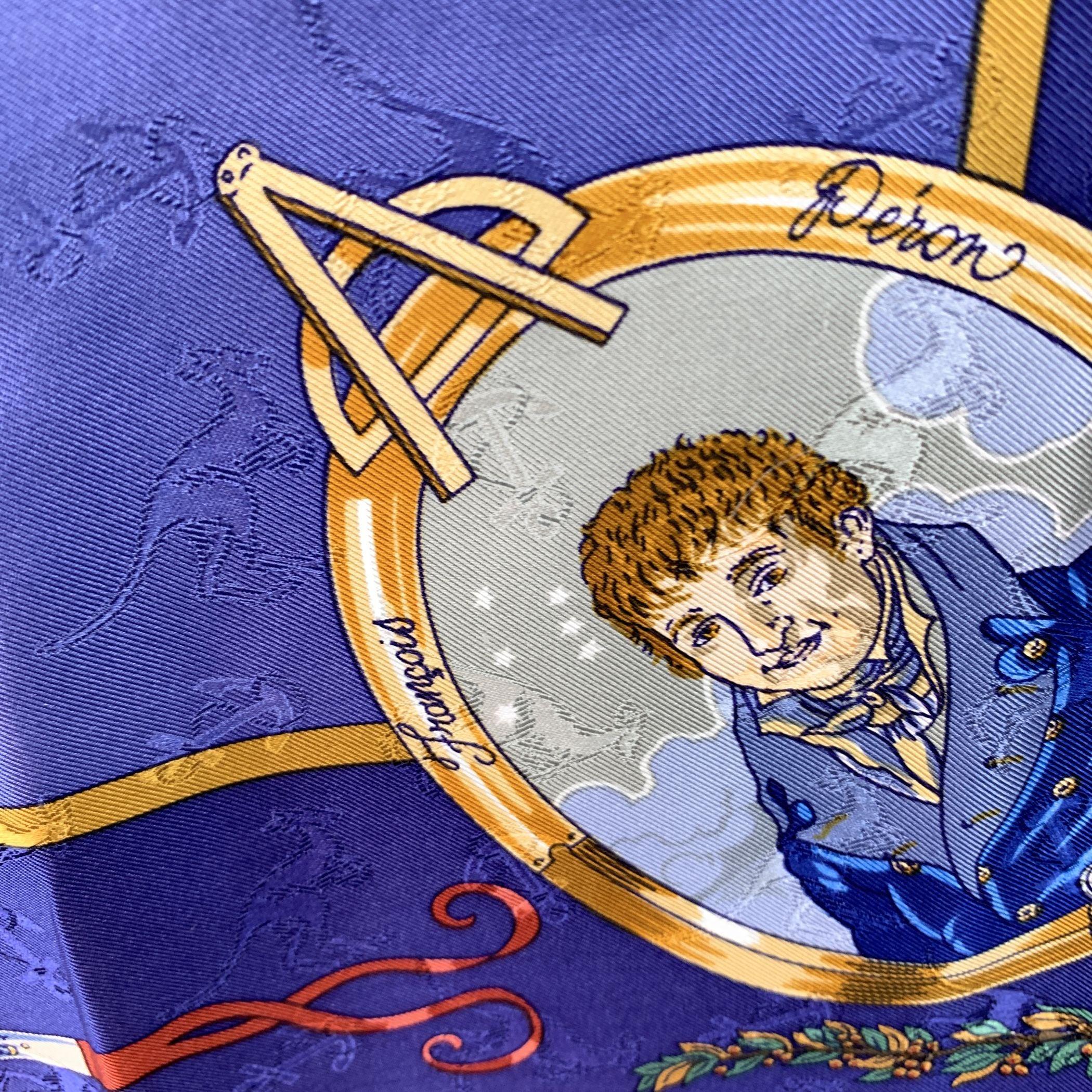 Purple Hermes Jacquard Vintage Silk Scarf Le Geographe 1992 Laroche For Sale