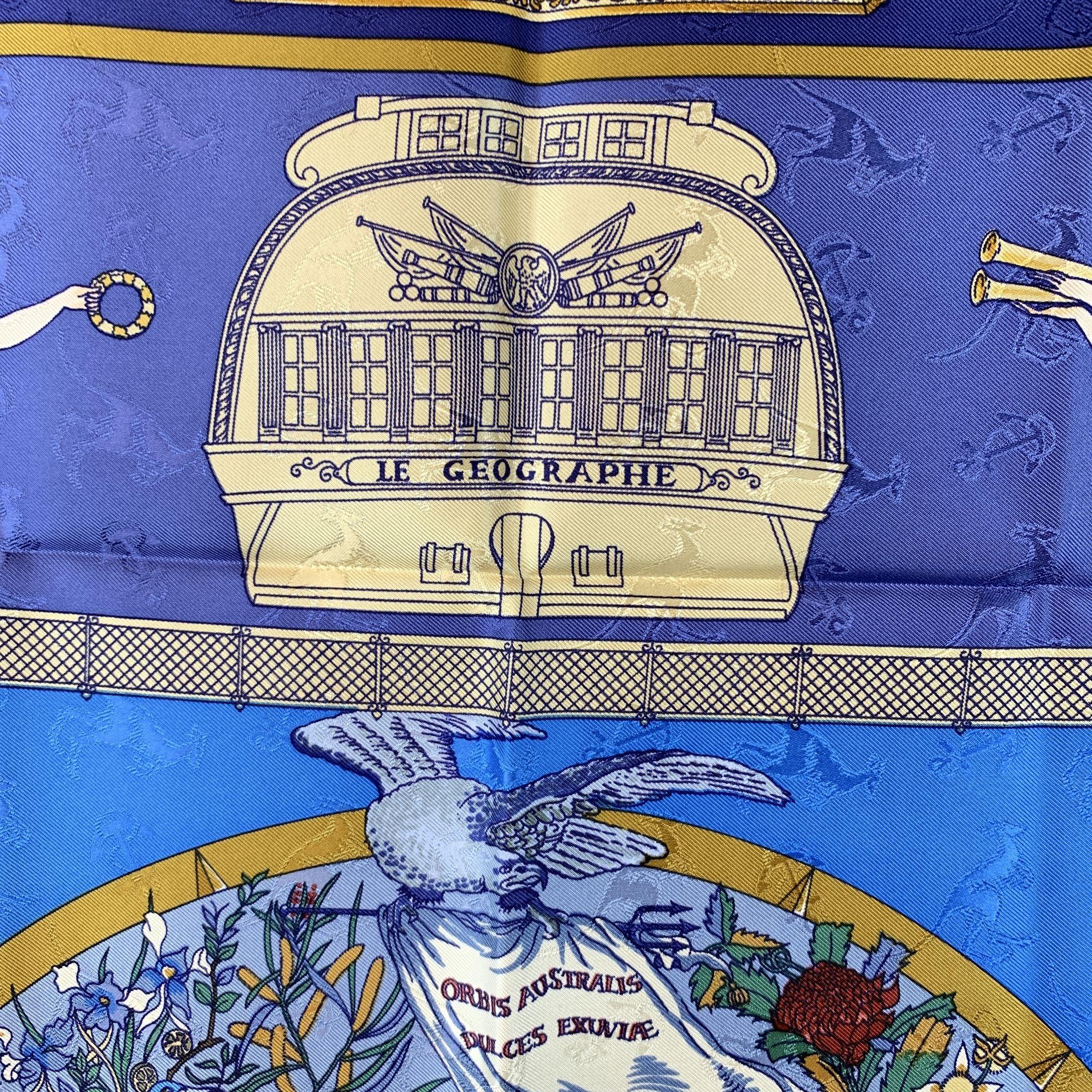 Women's Hermes Jacquard Vintage Silk Scarf Le Geographe 1992 Laroche For Sale