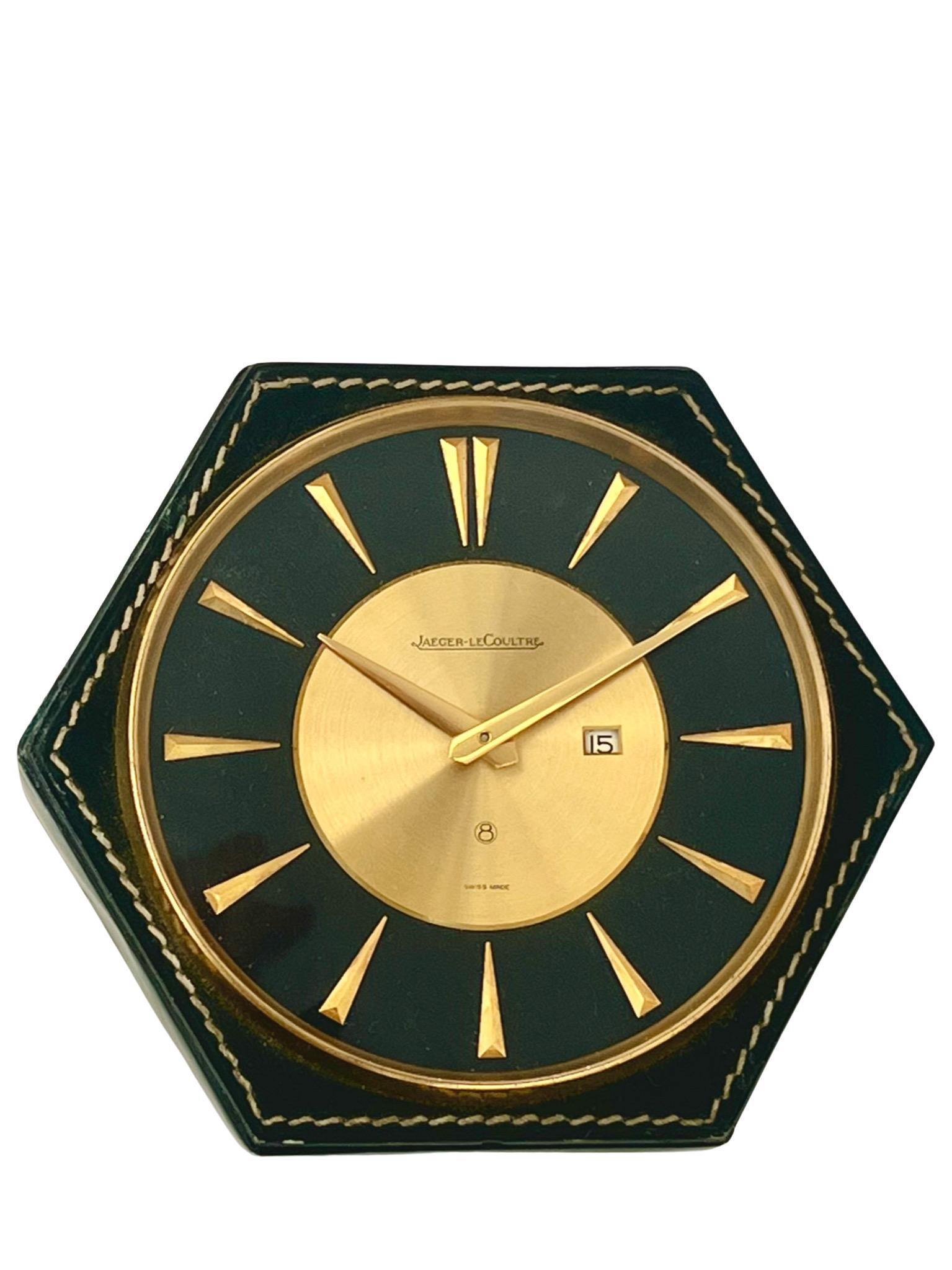 Hermés Jaeger LeCoultre Mid-Century Leather Stitched Desk Clock In Good Condition In London, GB