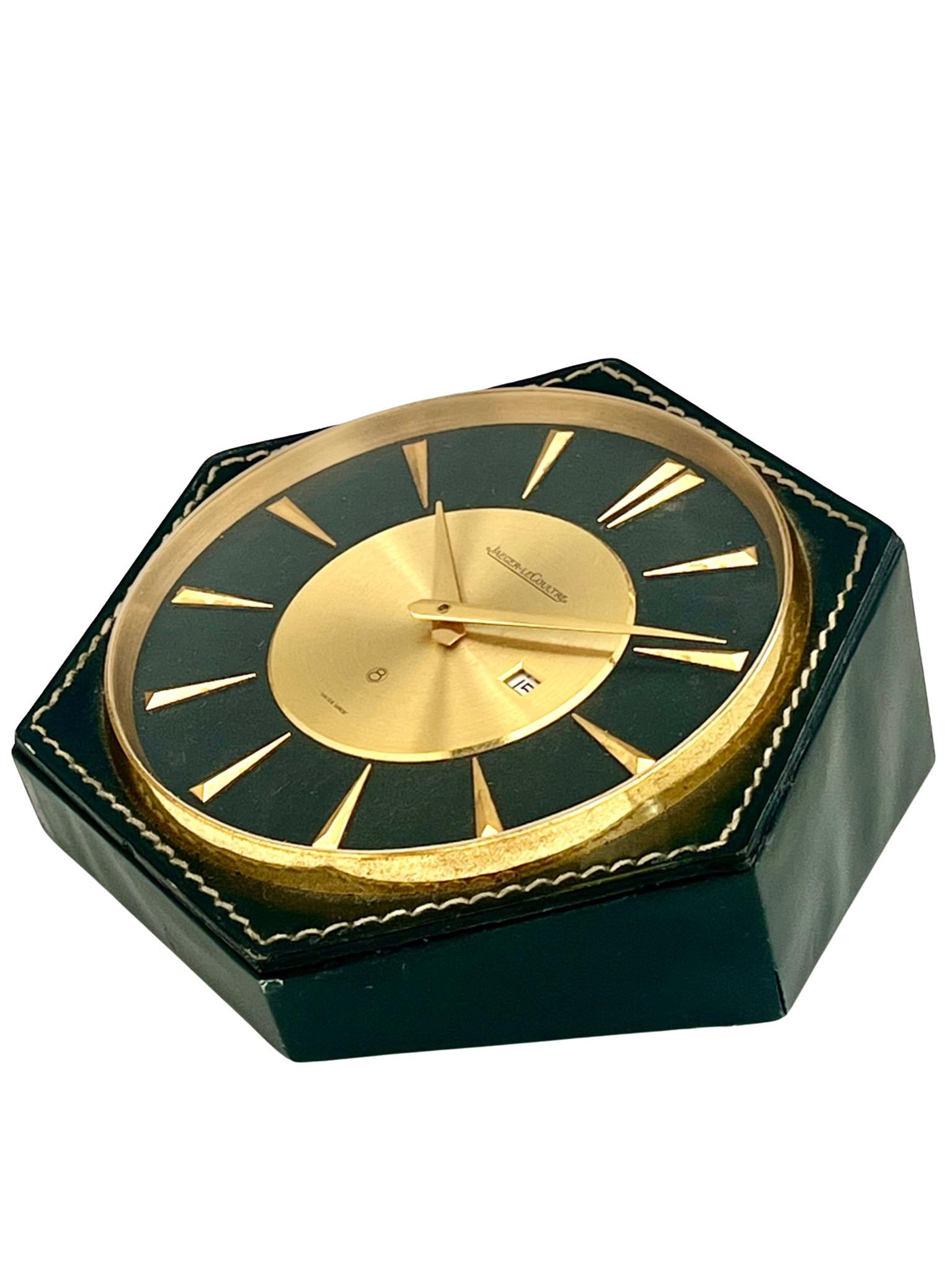 Brass Hermés Jaeger LeCoultre Mid-Century Leather Stitched Desk Clock