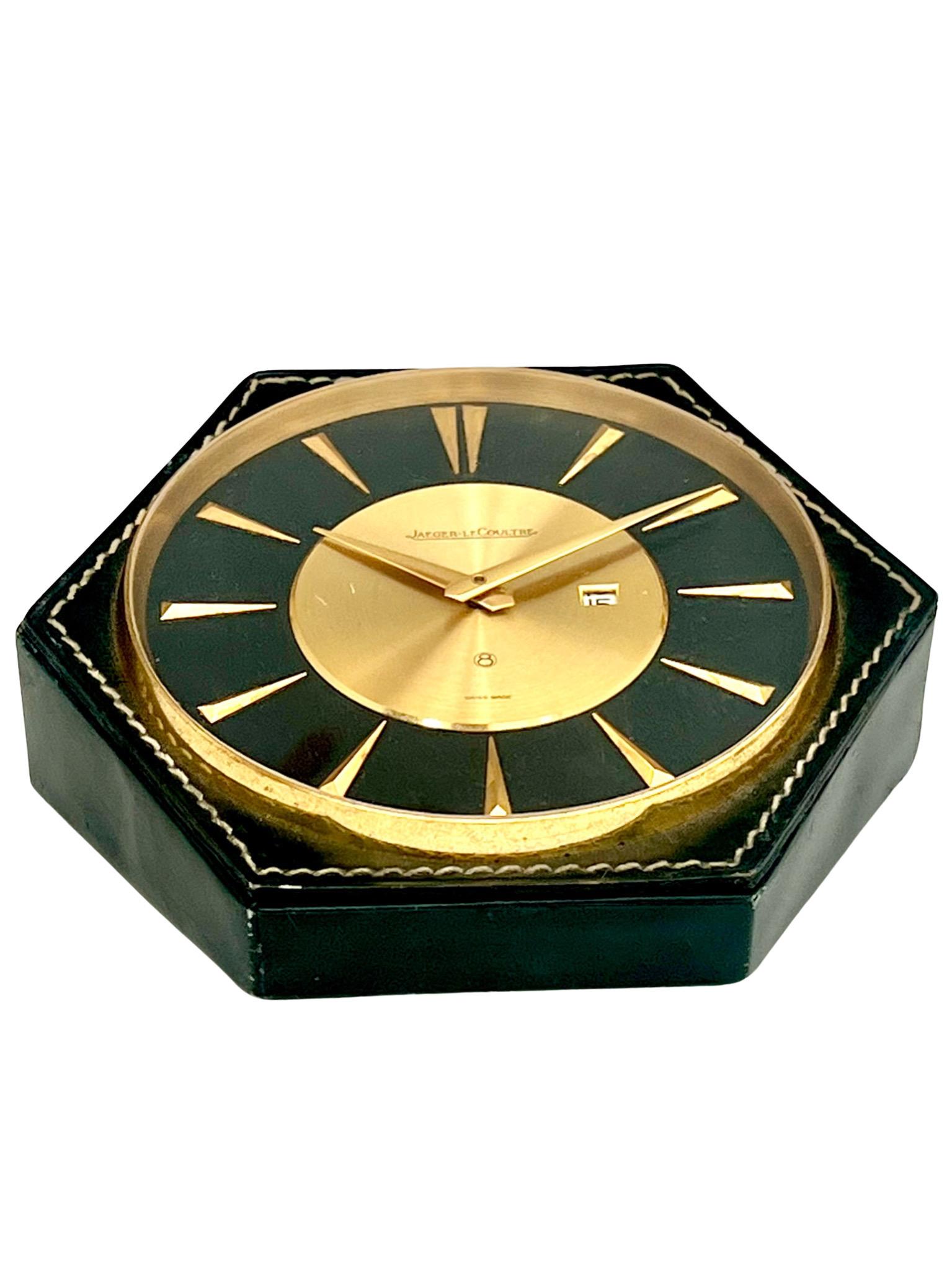 Hermés Jaeger LeCoultre Mid-Century Leather Stitched Desk Clock 2