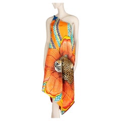 Hermès ‘Jaguar Quetzal’ Silk Scarf Dress – One-Shoulder Pareo with Leather Strap