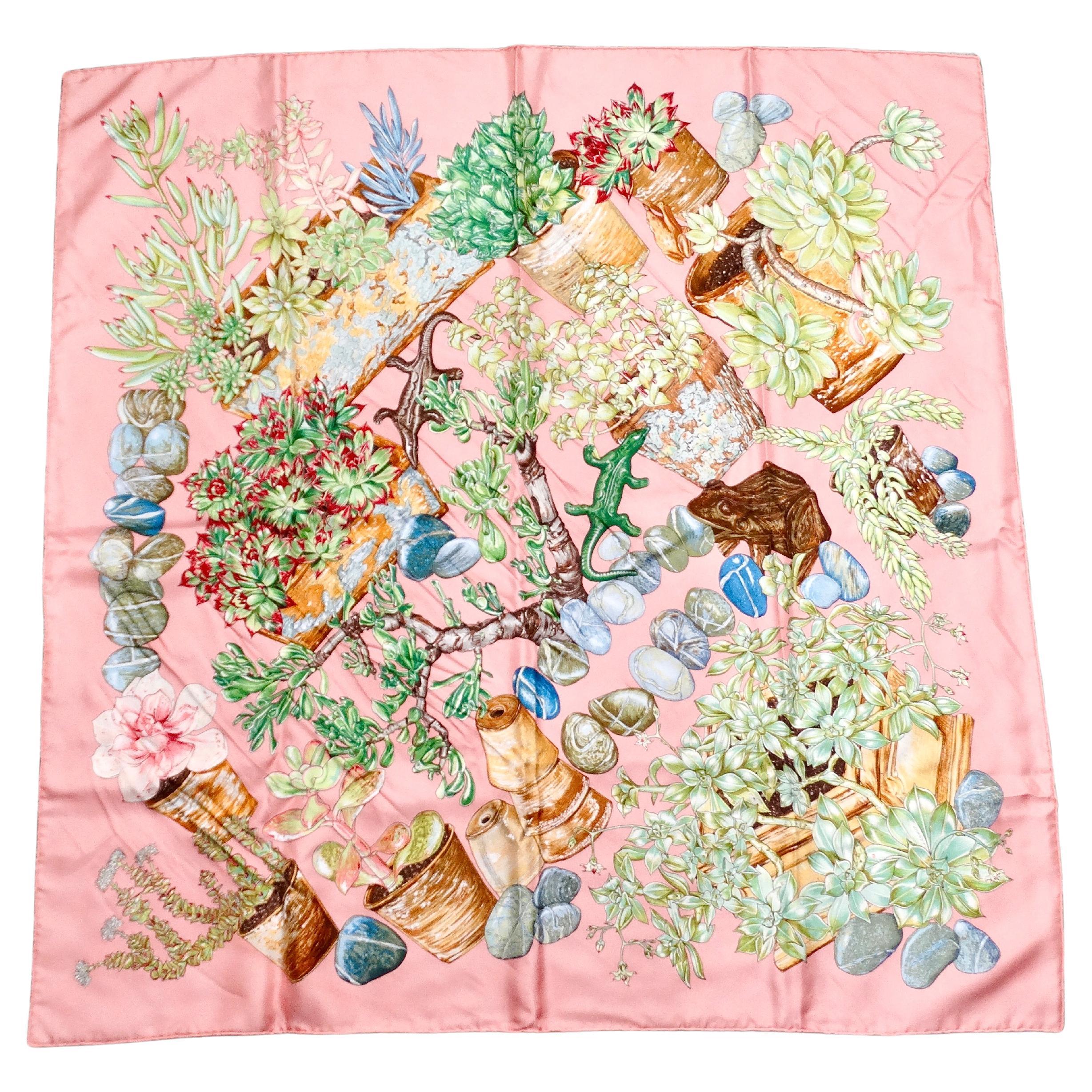 Hermes "Jardin Secret" 90 cm Pink Garden Print Silk Scarf For Sale