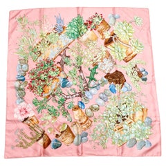 Hermes "Jardin Secret" 90 cm Pink Garden Print Silk Scarf