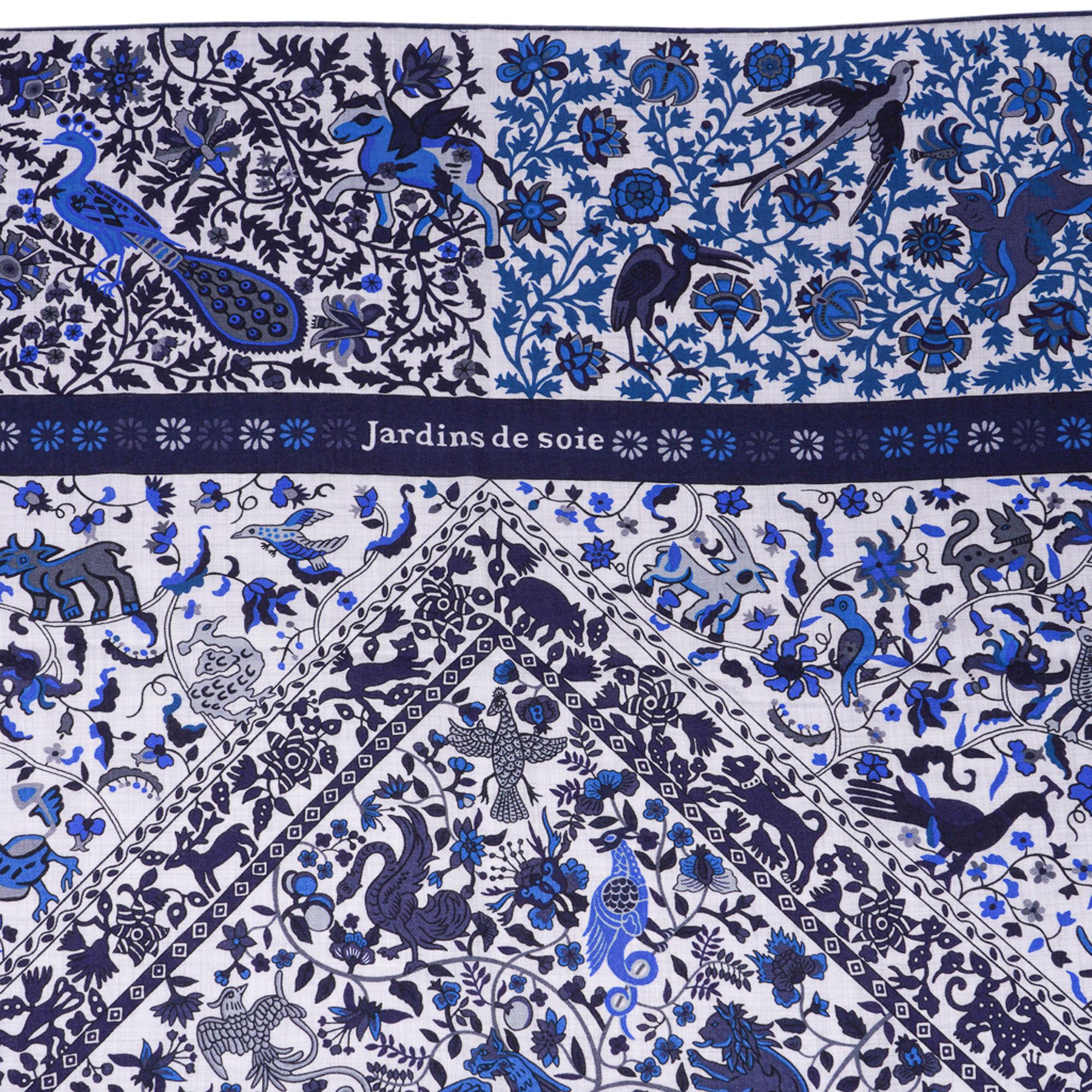 Hermes Jardins de Soie Cashmere Shawl Gris Chine / Blue Marine Scarf 140cm New 10