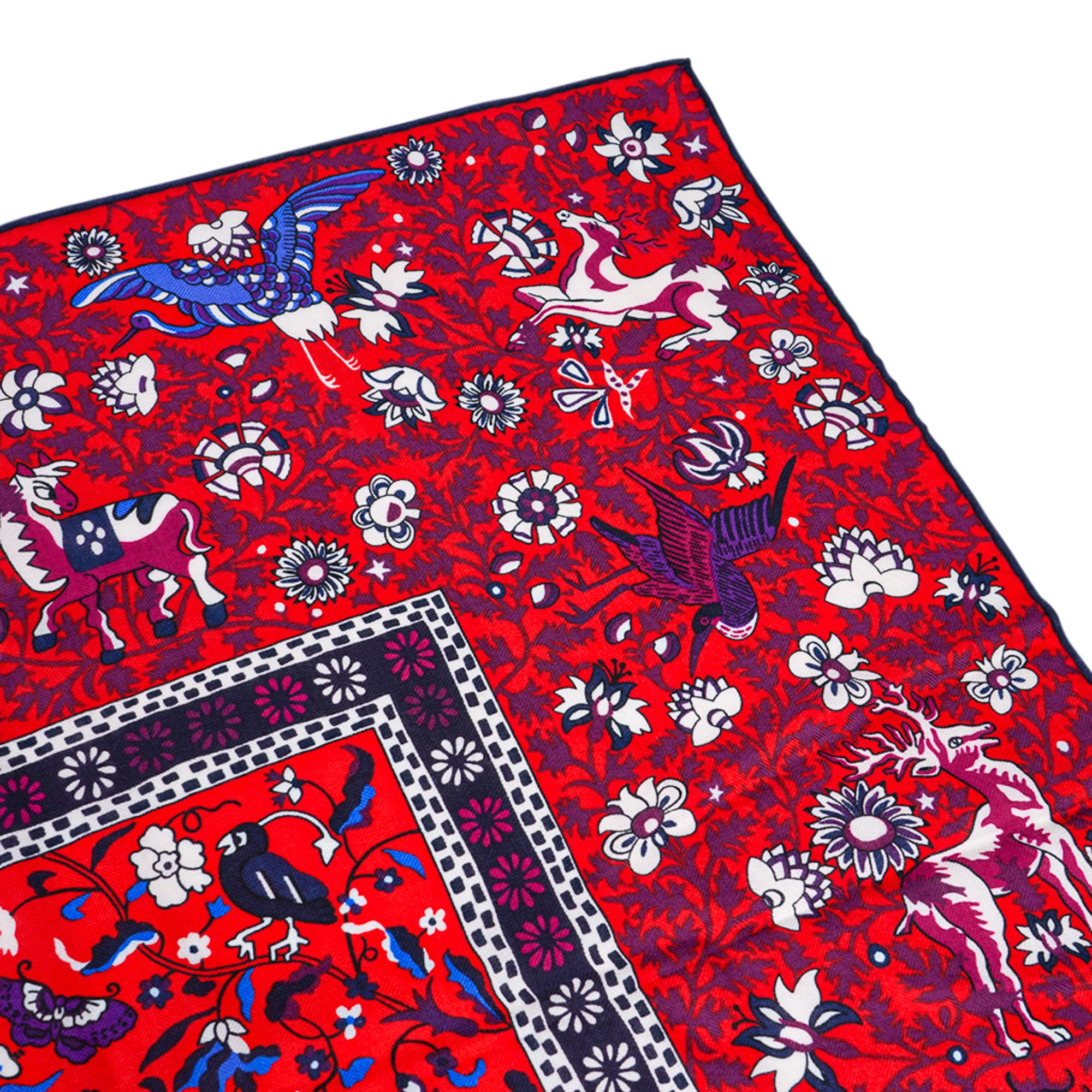 Hermes Jardins de Soie Cashmere Shawl Rouge / Bleu / Violet 140 Scarf 8