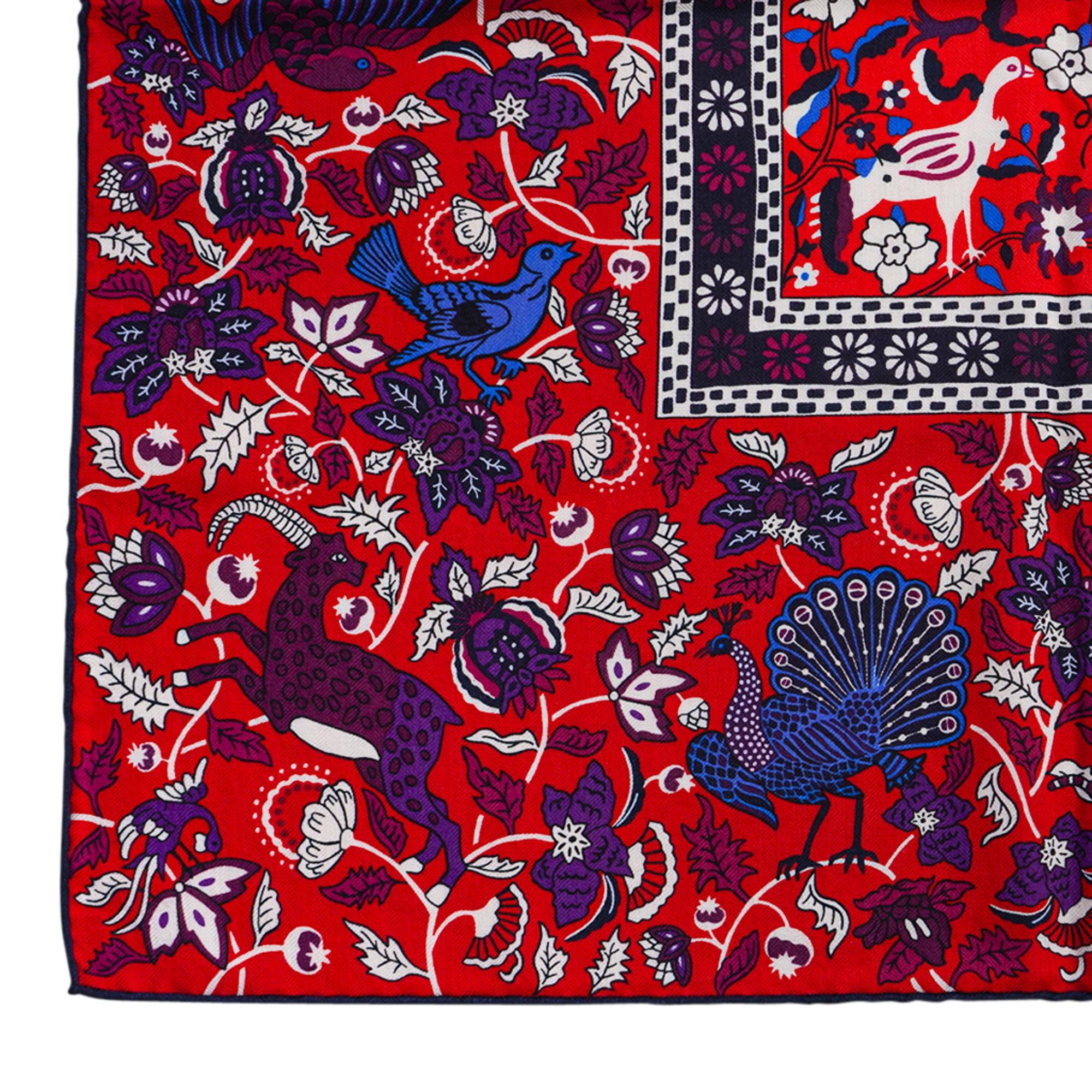 Red Hermes Jardins de Soie Cashmere Shawl Rouge / Bleu / Violet 140 Scarf