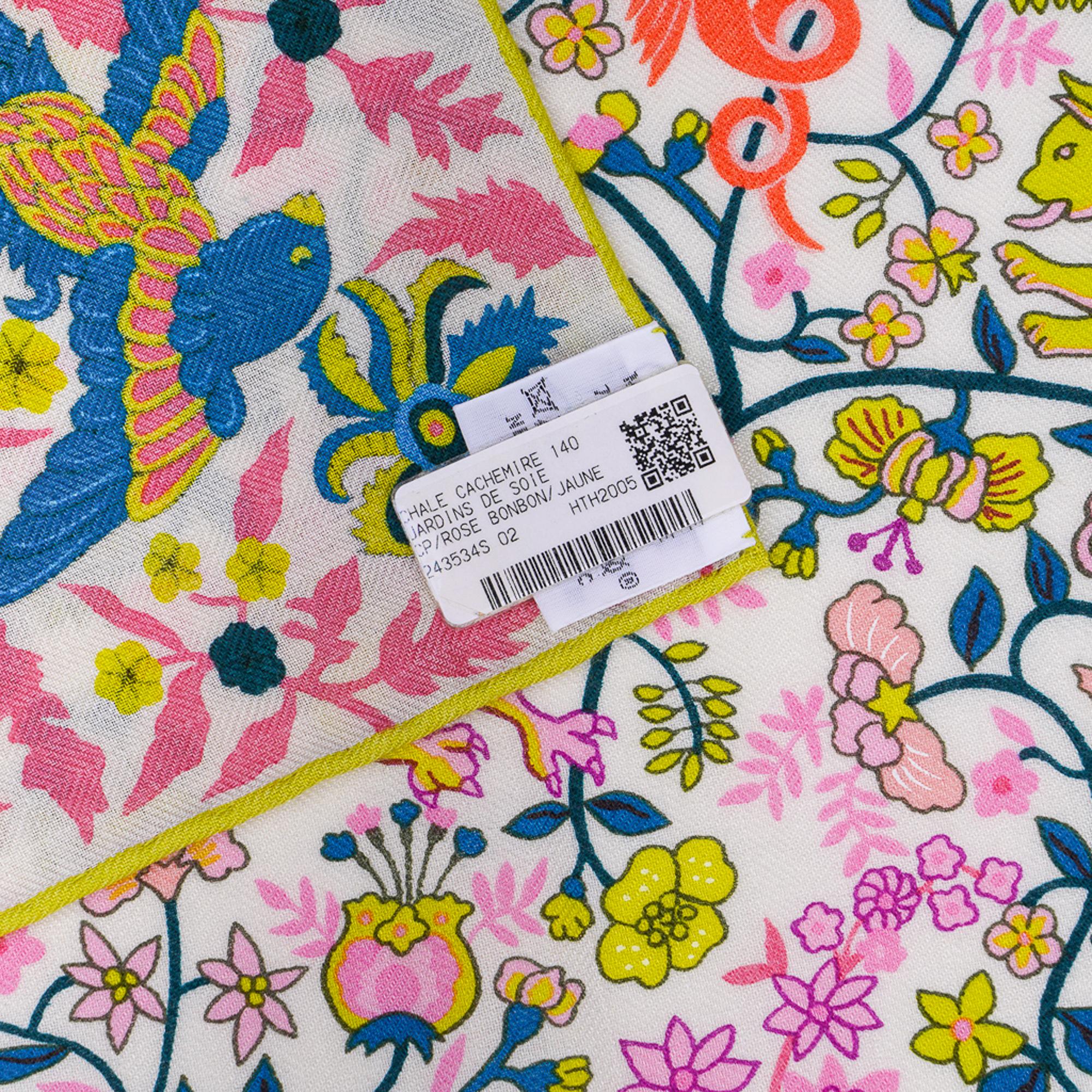 Châle Hermès Jardins de Soie Rose Bonbon /Jaune 140, neuf avec boîte en vente 10