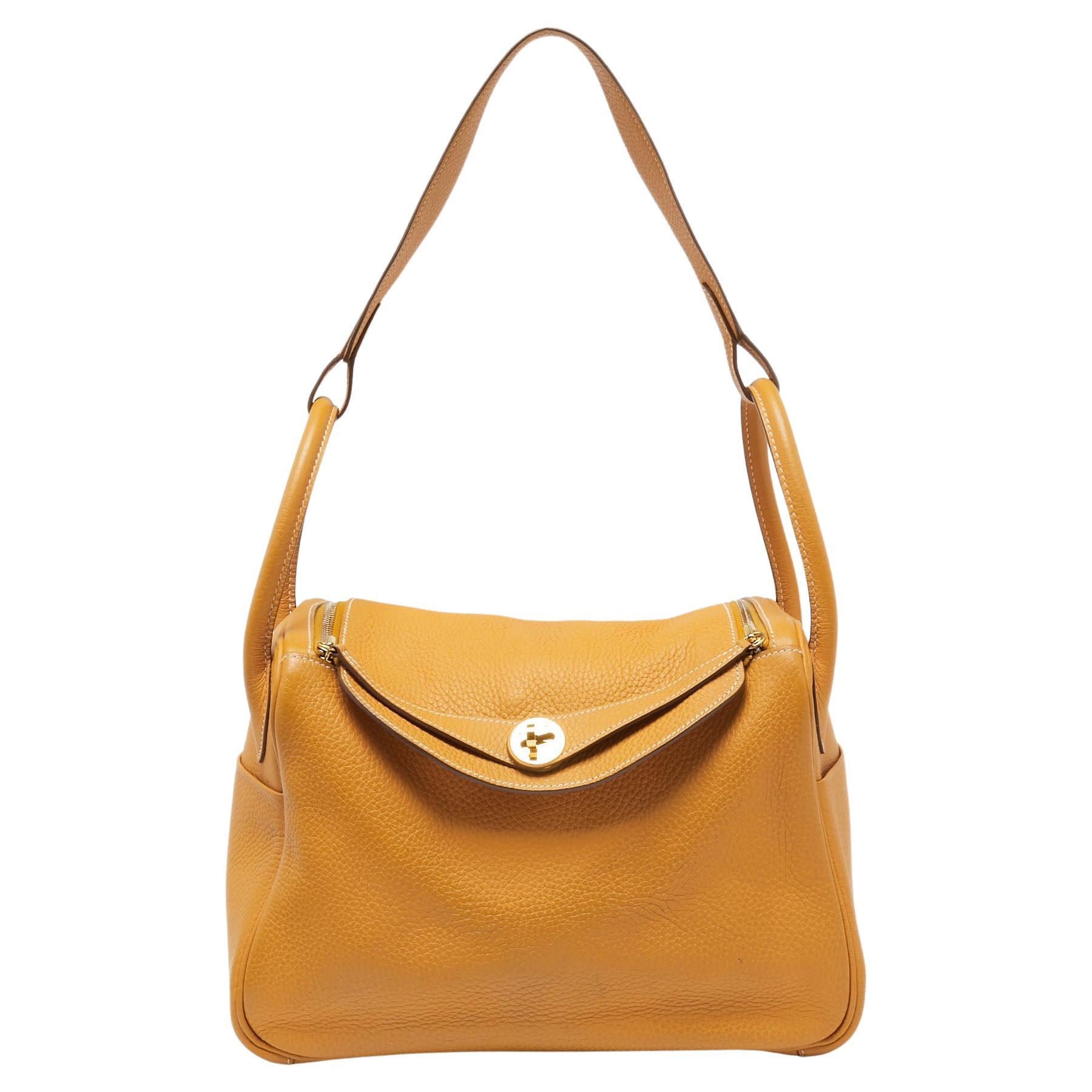 Hermes Jaune Ambre Clemence Leather Gold Finish Lindy 30 Bag