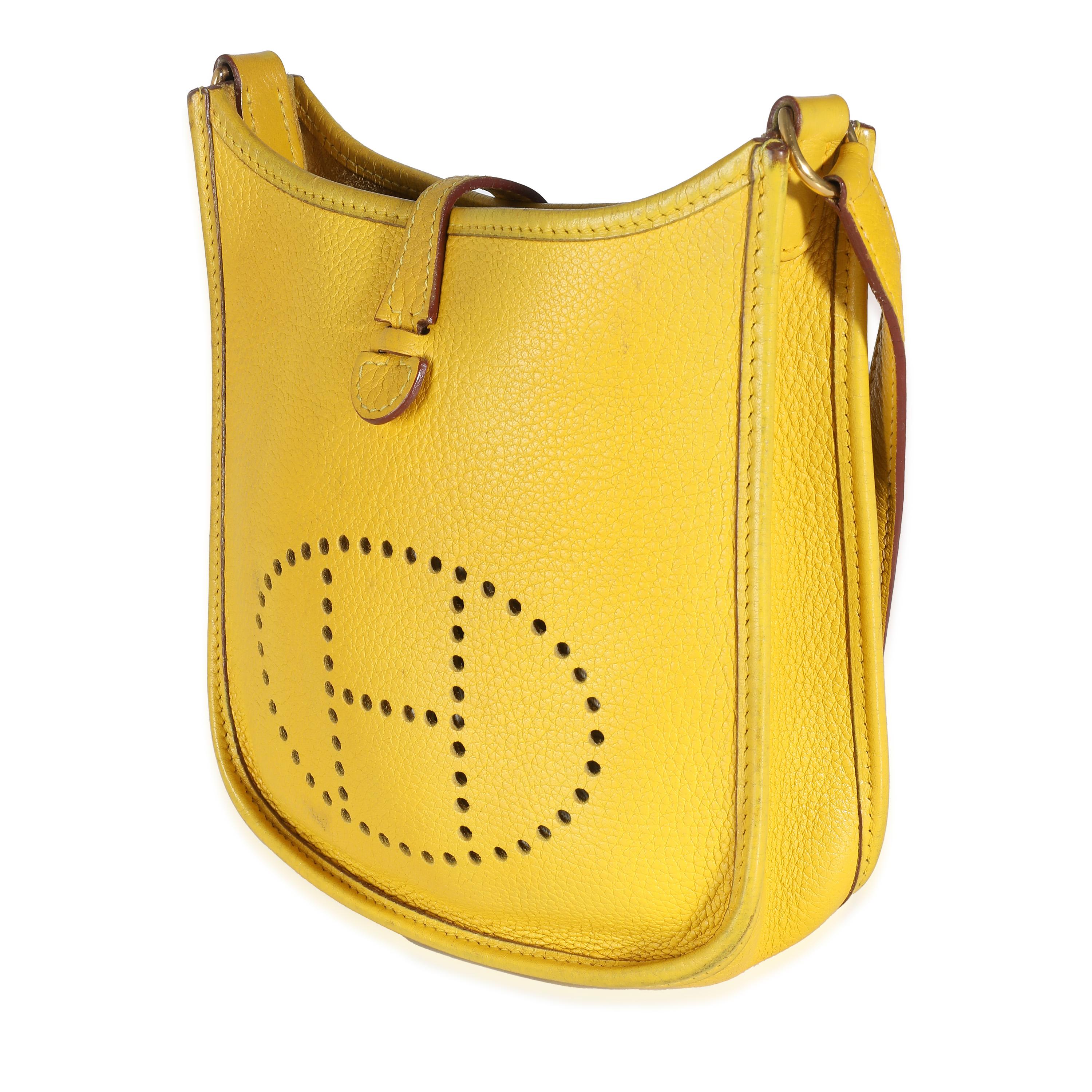 Hermès Jaune Ambre Clemence Mini Evelyne 16 TPM GHW In Excellent Condition In New York, NY