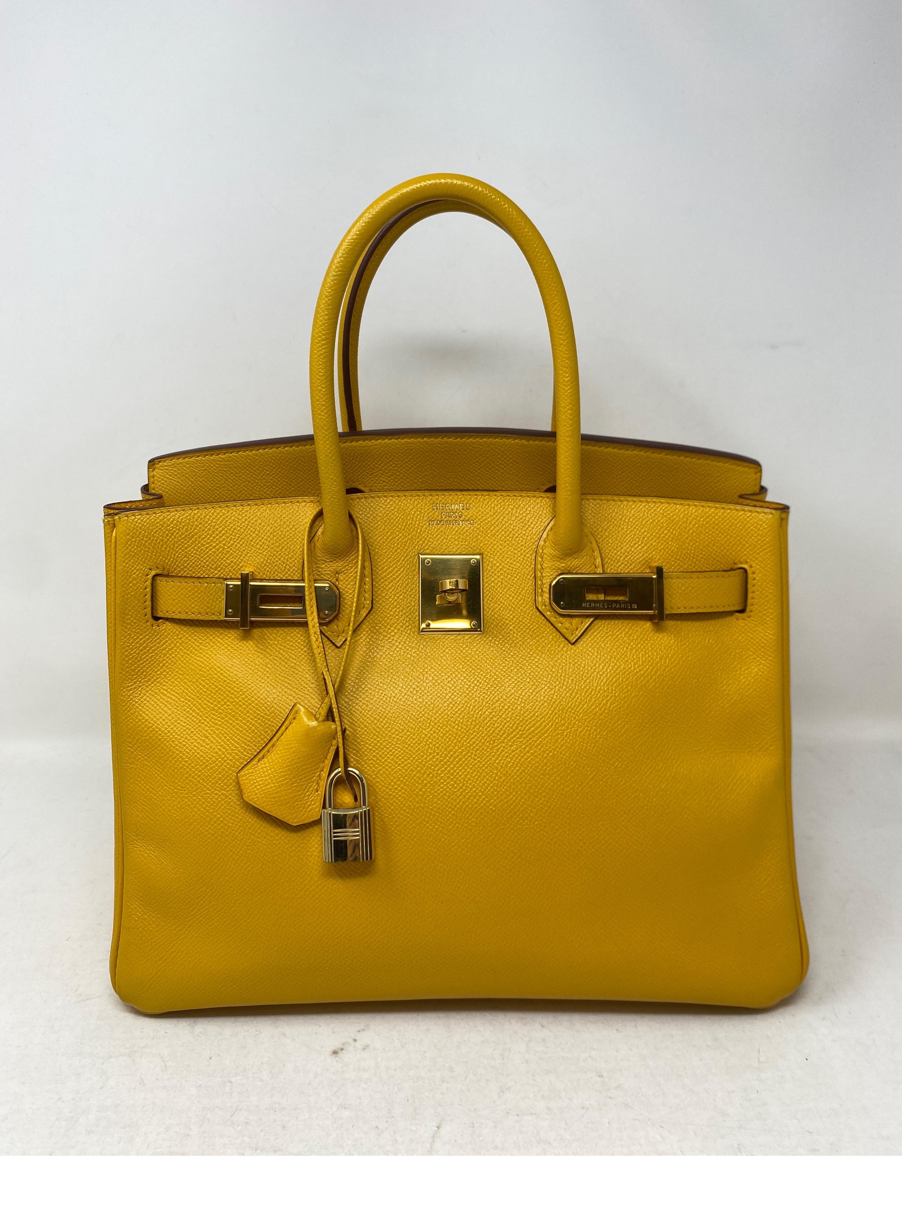 Hermes Jaune Yellow Birkin 30 Bag. Bright yellow color with gold hardware. Epsom leather. Nice structure and clean interior. Bag has been redyed. Condition is very good. Includes clochette, lock, keys, and dust bag. Guaranteed authentic. 