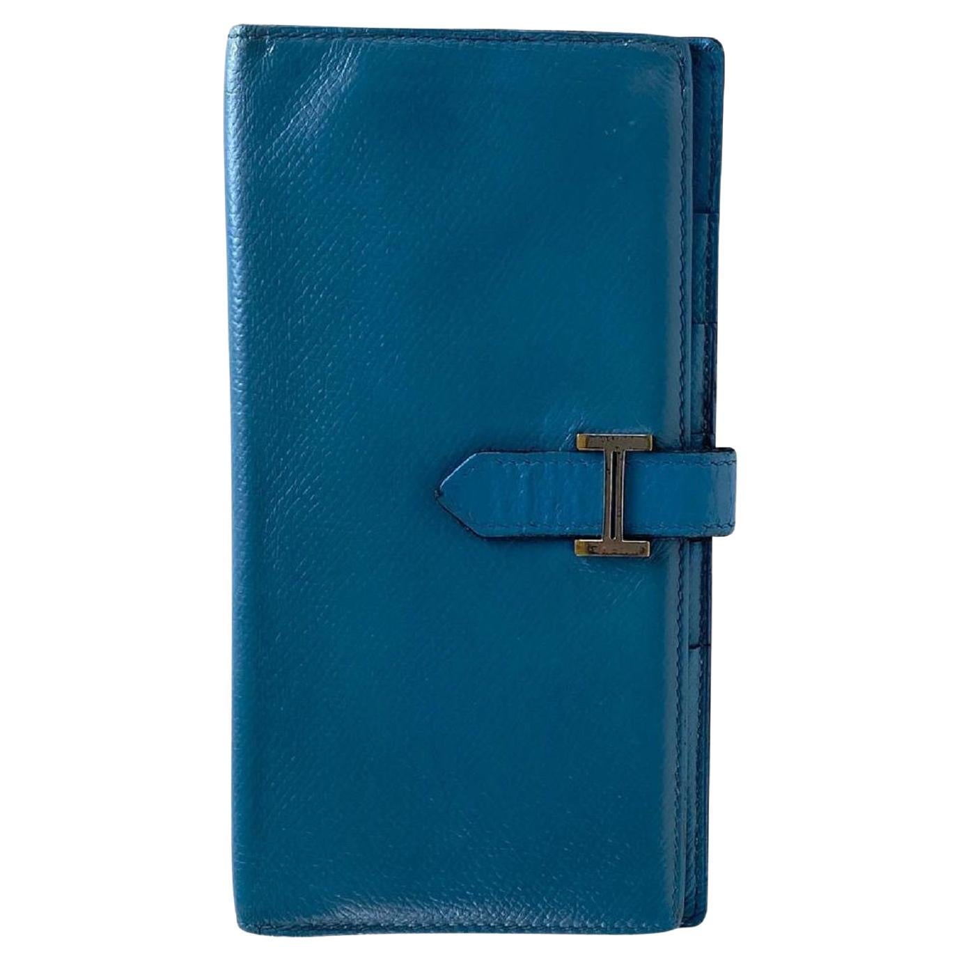 Hermès Jean Bearn Wallet Bifold Long 11h68 Blue Leather Clutch For Sale