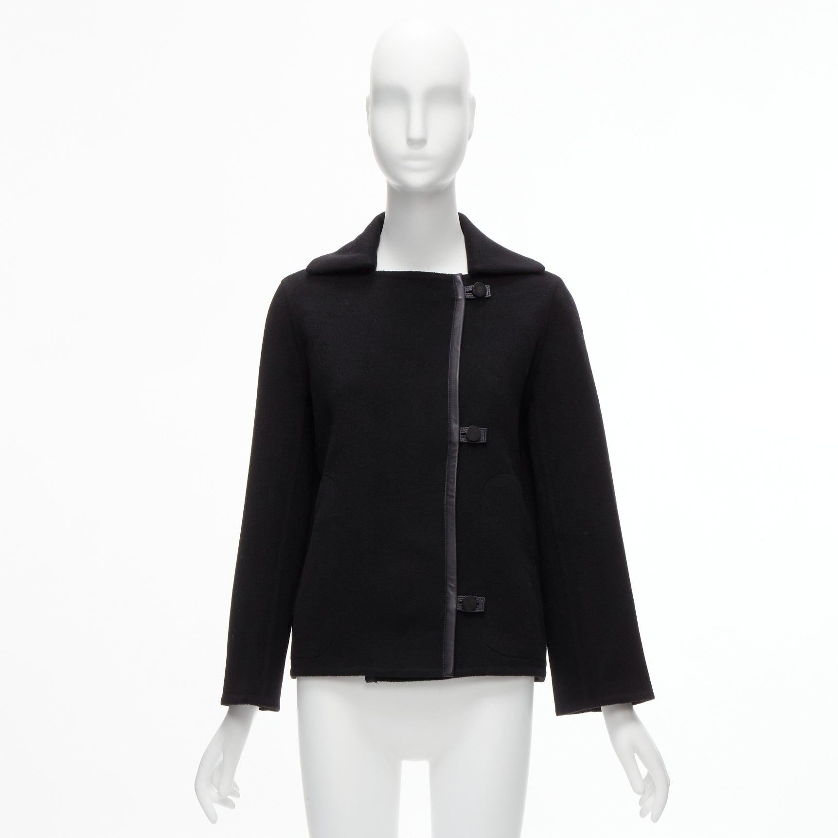 HERMES Jean Paul Gaultier black cashmere leather trim H buttons jacket FR34 XS For Sale 6
