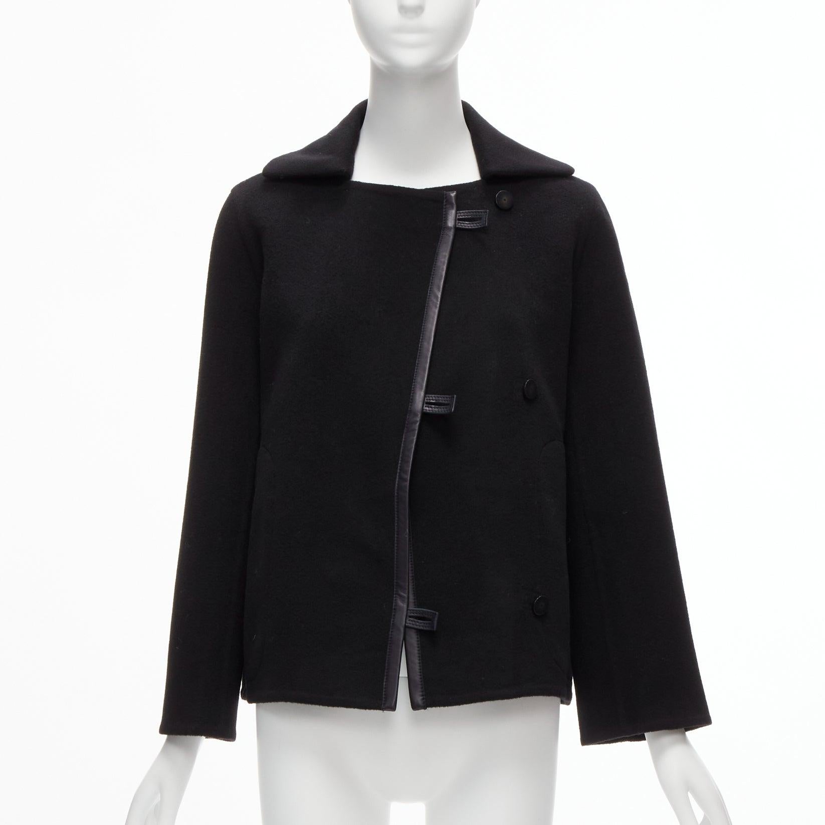 Black HERMES Jean Paul Gaultier black cashmere leather trim H buttons jacket FR34 XS For Sale