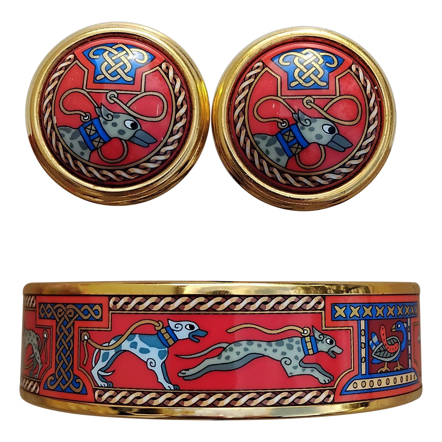 Hermès Jewels Matching Set Bracelet Earrings Greyhound Gold Plated Size 70 For Sale