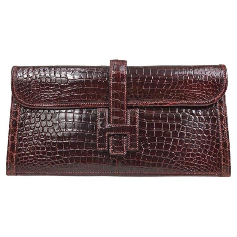 HERMES Jige 29 Burgundy Porosus Crocodile Exotic 'H' Logo Evening Clutch Bag