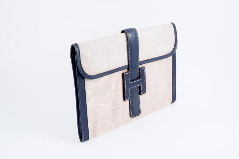 Hermes Jige Clutch Ivory Canvas and Navy Box Leather For Sale at 1stDibs