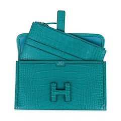 Hermes Jige Duo Wallet / Clutch Blue Paon Matte Alligator New