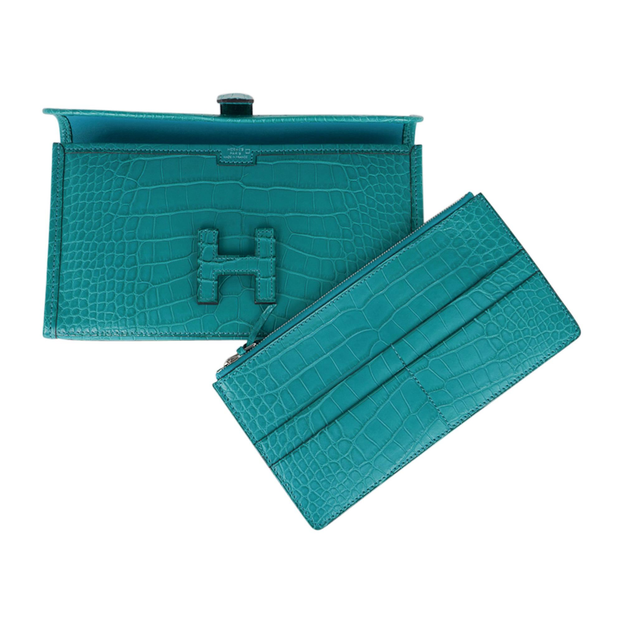 Hermès Jige Duo Brieftasche / Clutch Blau Paon Matte Alligator Neu im Angebot 2