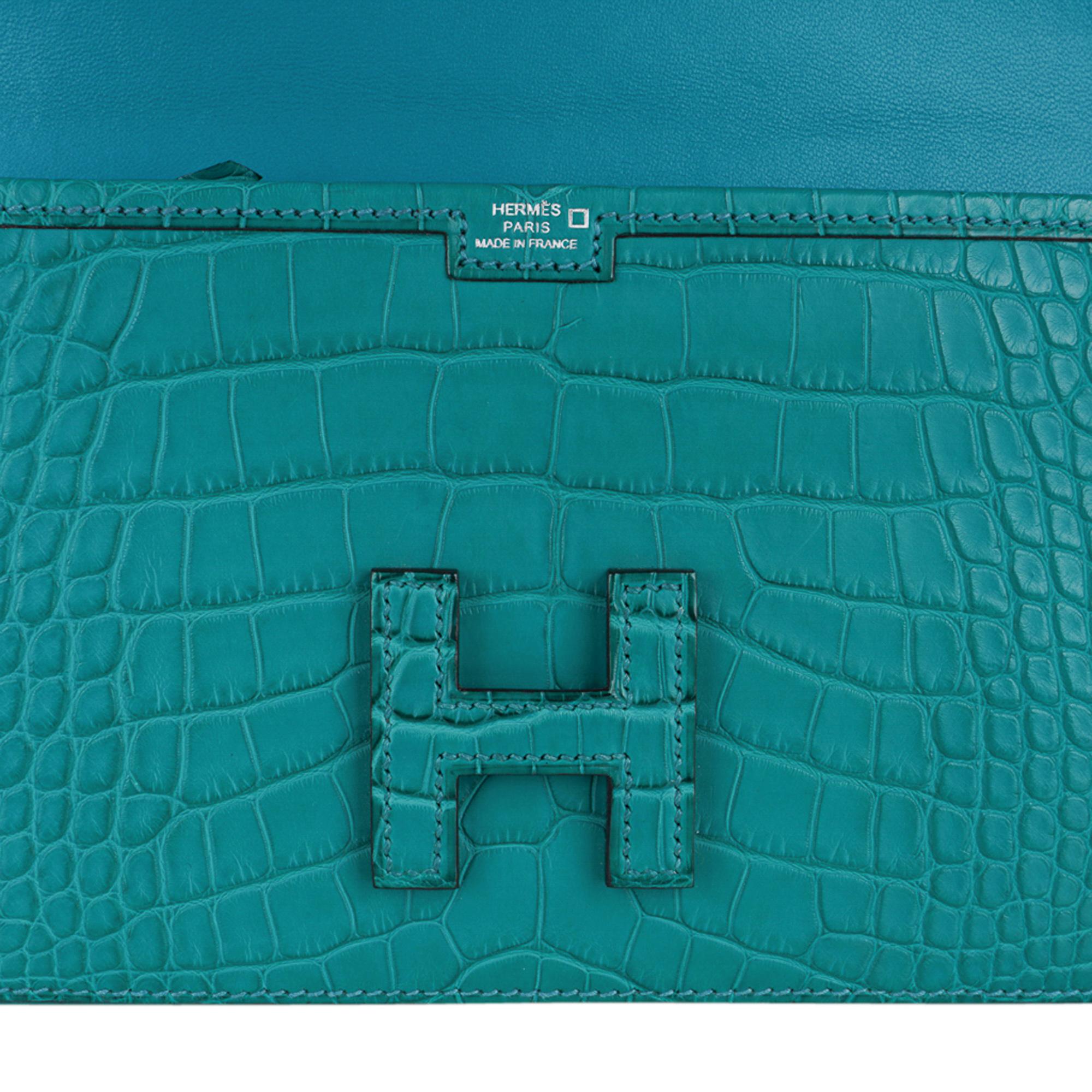 Hermès Jige Duo Brieftasche / Clutch Blau Paon Matte Alligator Neu im Angebot 4