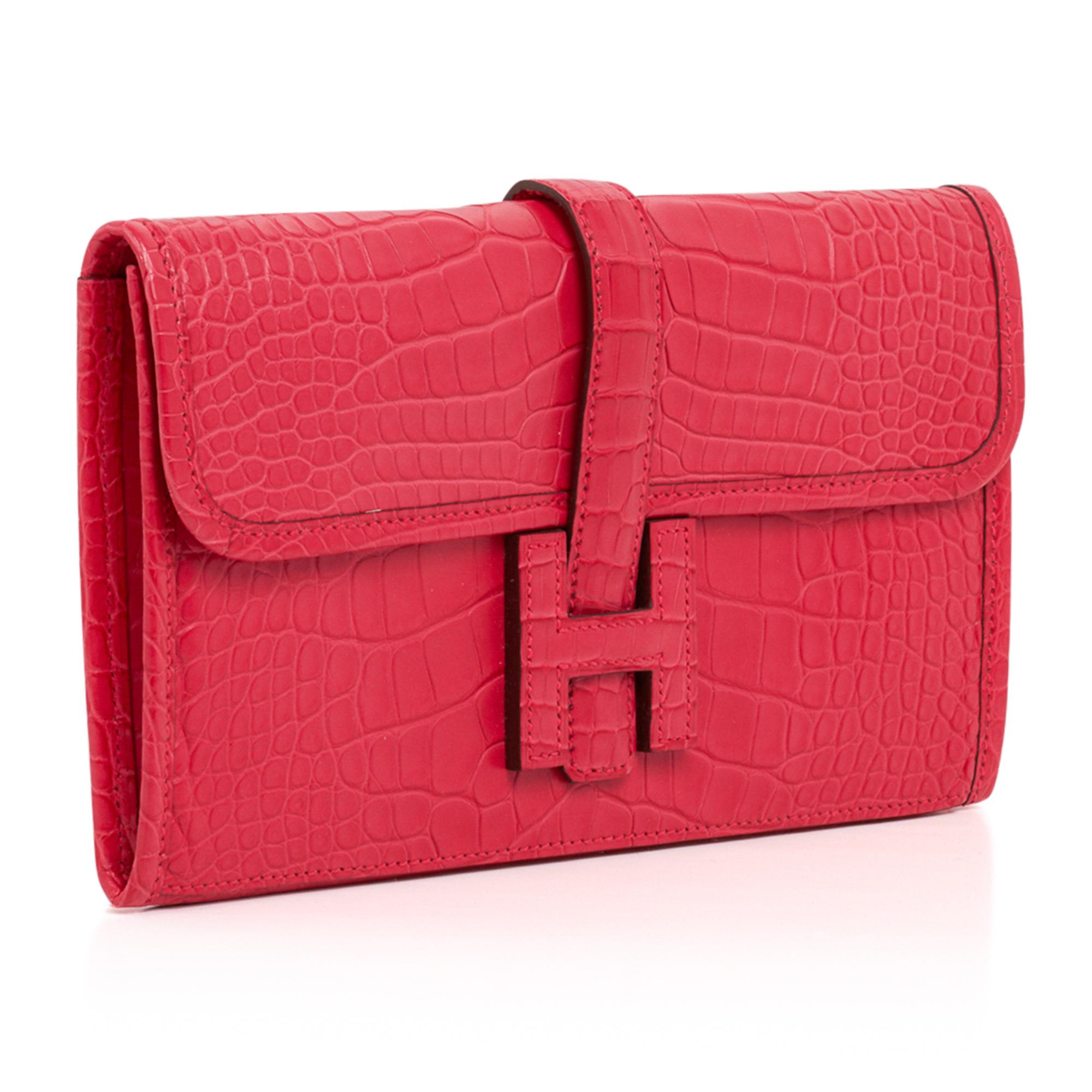 Hermes Jige Duo Geldbörse / Clutch Rose Extreme Matte Alligator Neu (Rot)