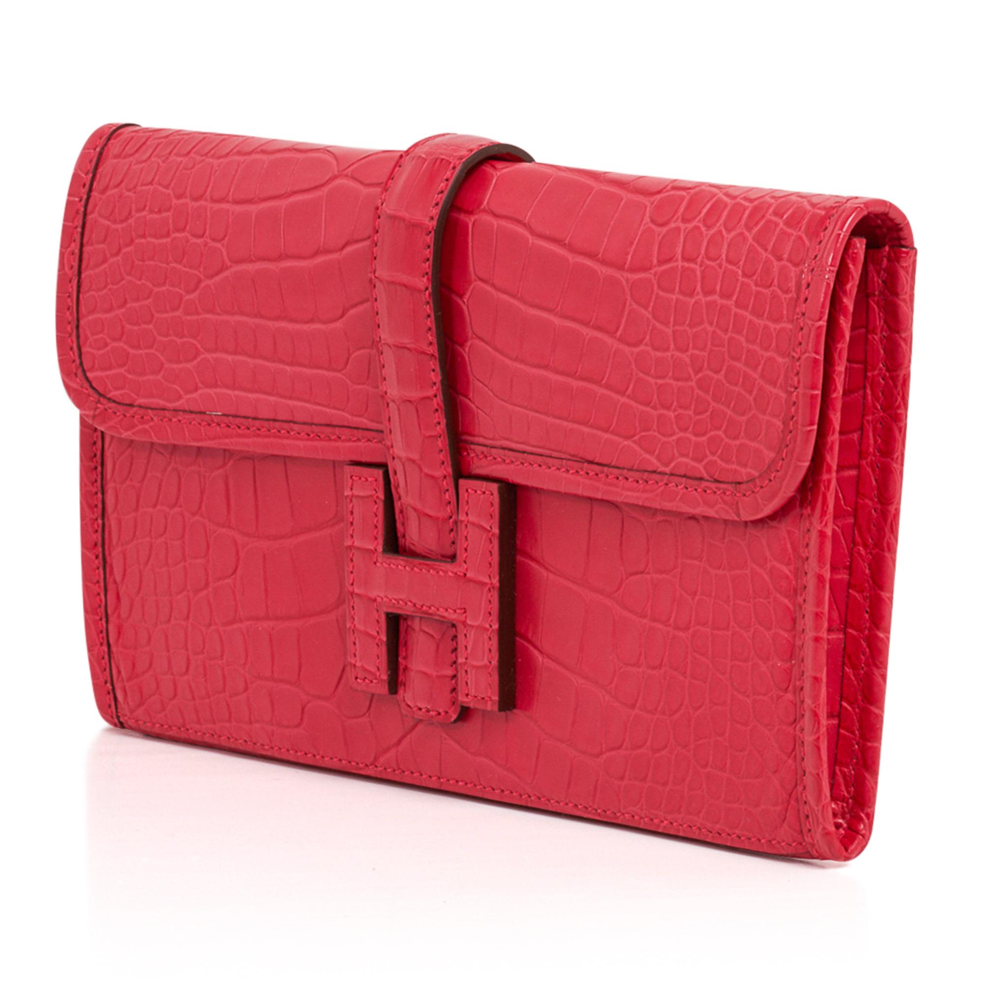Red Hermes Jige Duo Wallet / Clutch Rose Extreme Matte Alligator New