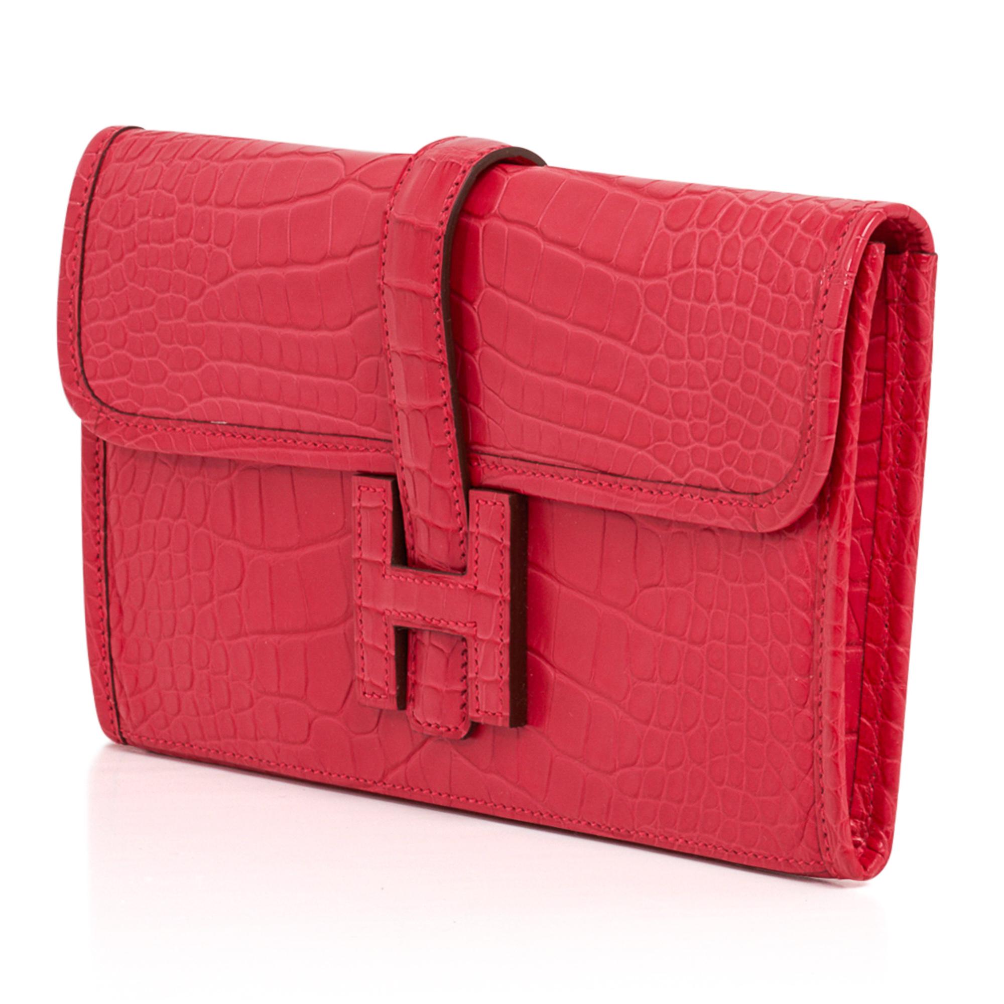 Red Hermes Jige Duo Wallet / Clutch Rose Extreme Matte Alligator New