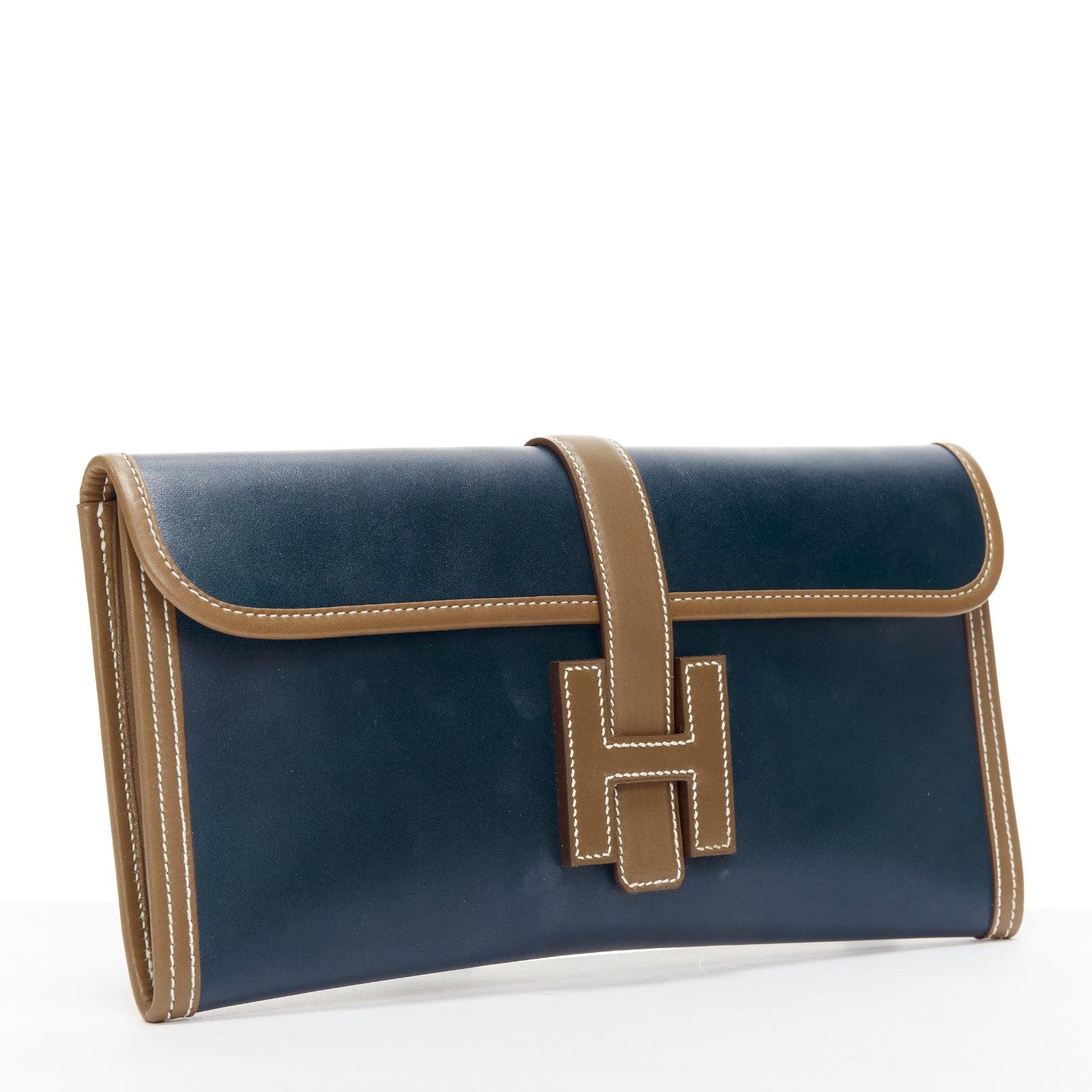 HERMES Jige Elan 29 blue taupe H logo swift leather loop through clutch bag In Good Condition In Hong Kong, NT