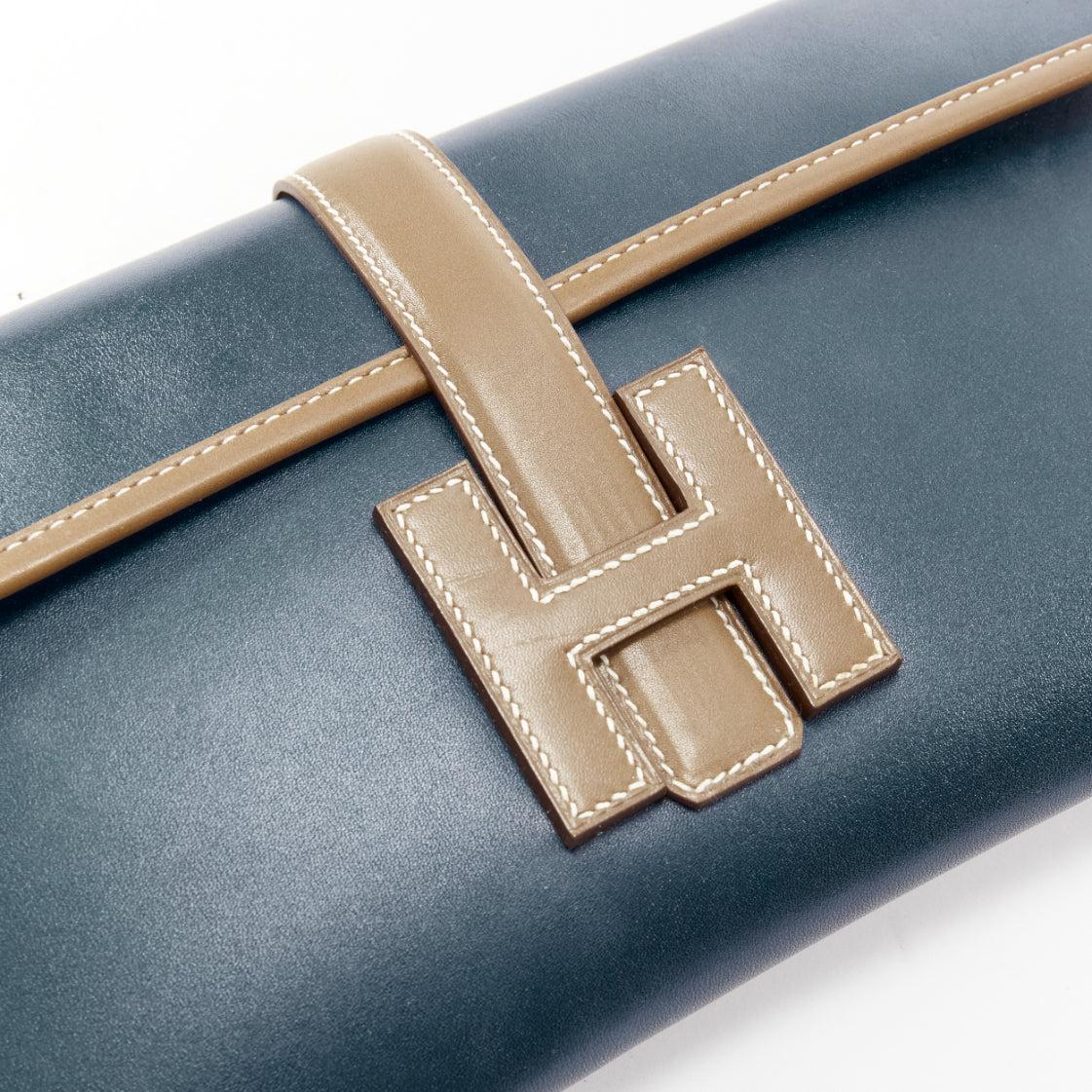 HERMES Jige Elan 29 blue taupe H logo swift leather loop through clutch bag 2